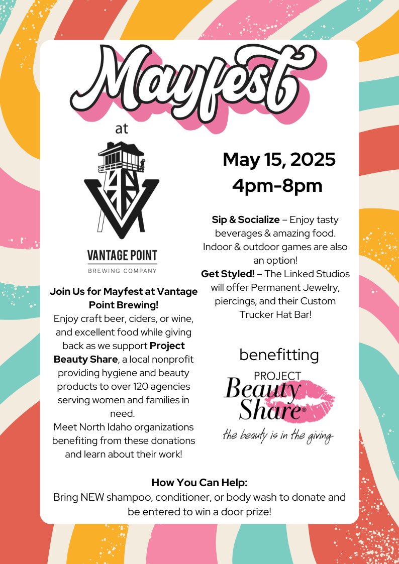 It’s Mayfest 2025 time againnnnnn!!🍻Details below! 👇🏼 

• Thursday, May 15 | 4–8 p.m.
• Vantage Point Brewing Company
• Enjoy local drinks, great food, and a casual evening supporting Project Beauty Share!
• Bring shampoo, conditioner, or body wash for a chance to win prizes