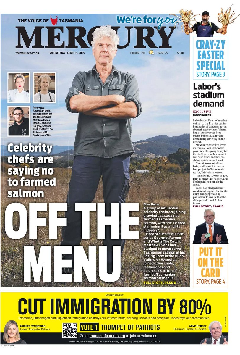 ★ Off The Menu

▫Influential celebrity chefs across the globe are joining a rising chorus against farmed Tasmanian salmon, with one TV host slamming the “dirty industry”
▫<a href="/elise_kaine/">Elise Kaine</a>

#frontpagestoday #Tasmania <a href="/themercurycomau/">Mercury</a>