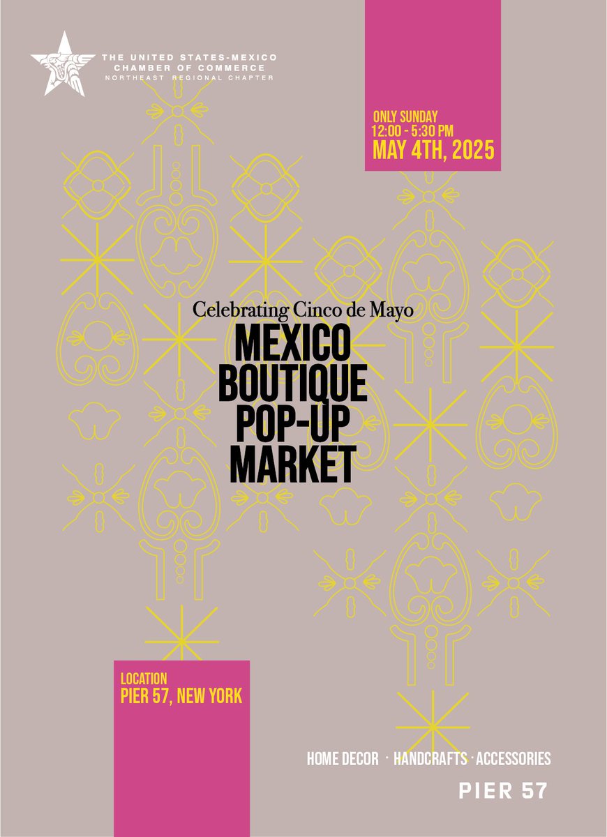 🎉Celebrate Mexican culture at the Mexico Boutique Pop-Up Market! 🇲🇽✨ Join us on May 4th from 12-5:30 PM at Pier 57 in NYC for art, fashion, live music &amp; more! 
RSVP 👉bit.ly/4j9QJBI

#MexicoPopUpMarket #CincoDeMayo #MexicanHeritage #NYCEvents