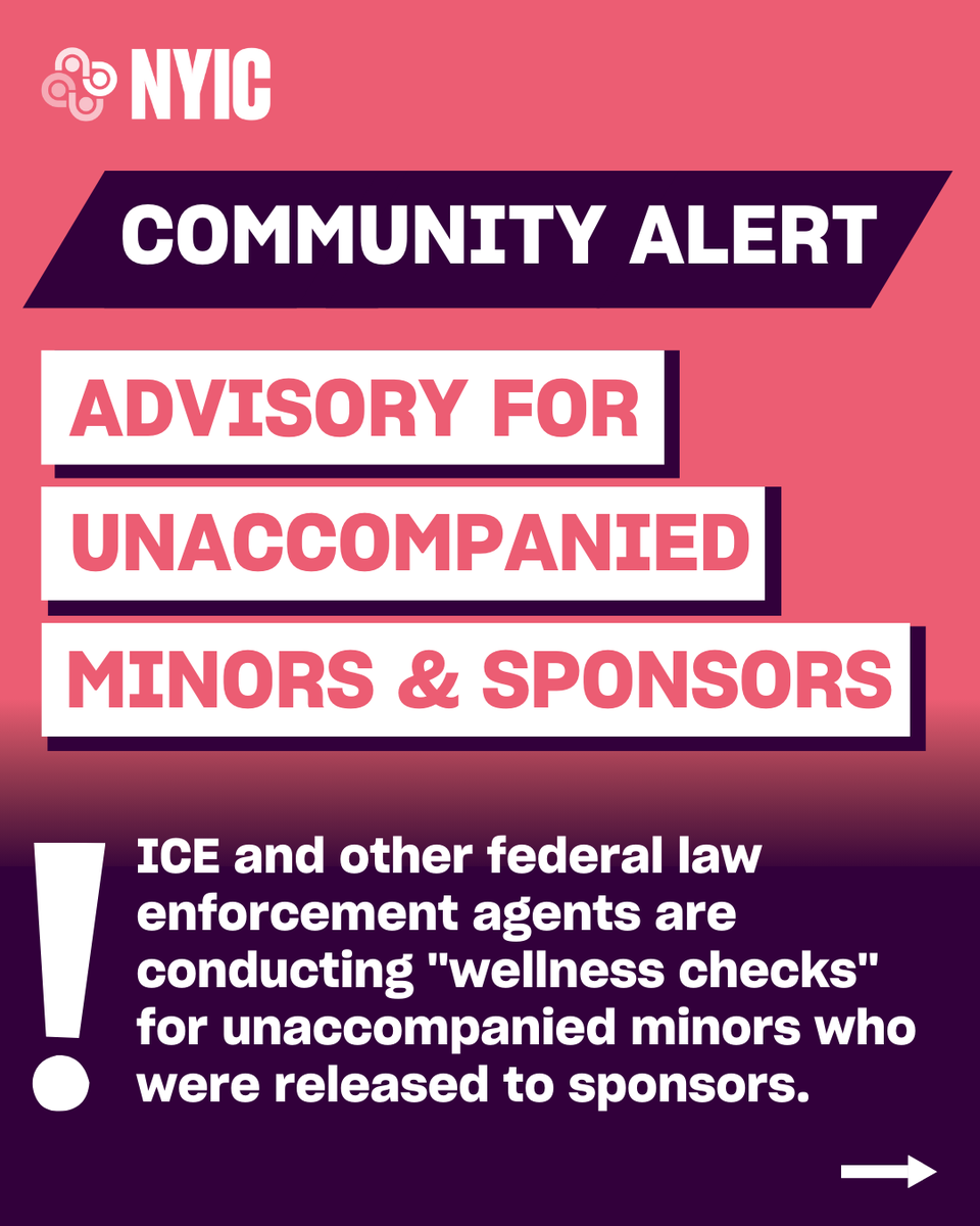 thenyic's tweet photo. 🚨 COMMUNITY ALERT: ICE and other federal law enforcement agents are conducting "wellness checks" for unaccompanied minors who were released to sponsors. Here are some tips for how to protect yourself. Head to the link in bio for more info on making a plan. https://t.co/3T9q6HmZac