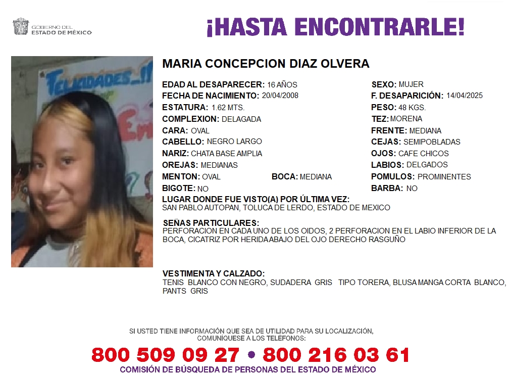 Solicitamos de tu apoyo en difusión para dar pronta localización a María Concepción Díaz Olvera, comunícate a los teléfonos de COBUPEM 800 216 0361, 800 509 0927. #TodosEnLaBúsqueda