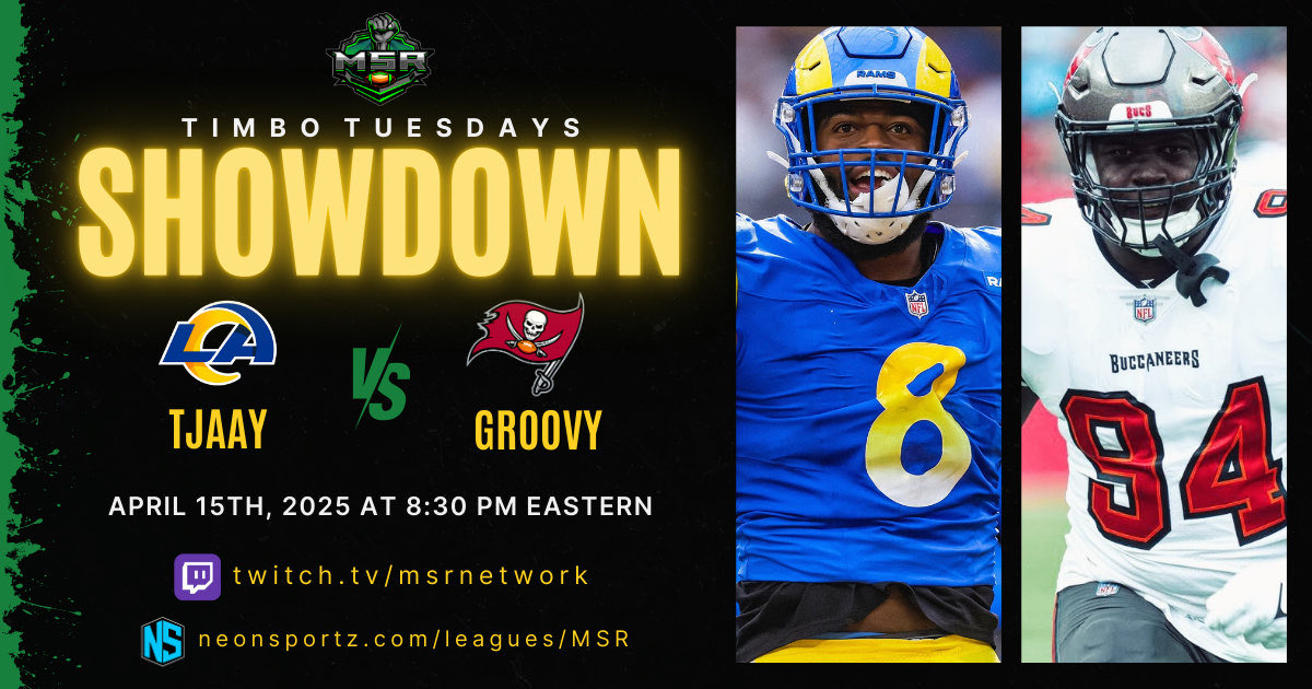 Powered by <a href="/NeonSportz/">NeonSportz</a>, the <a href="/MSRLeague/">The Revolution is NOW!</a> returns to Primetime action with MSR SHOWDOWN!!!

<a href="/MSRTjaay/">Tjaay 5x🏆🏆🏆🏆</a> faces <a href="/MSRGroovy/">MSR Groovy</a> on Ring Night as #MSR57 opens on #TimboTuesday!

🎙️: <a href="/CMTimboGaming/">Timbo</a> &amp; <a href="/Ice_Cold_Entr/">Ice-Cold Entertainment</a> 
🎥: Twitch.tv/MSRNetwork
🕗: 8p/e

#Madden25 | #Xbox | #Twitch