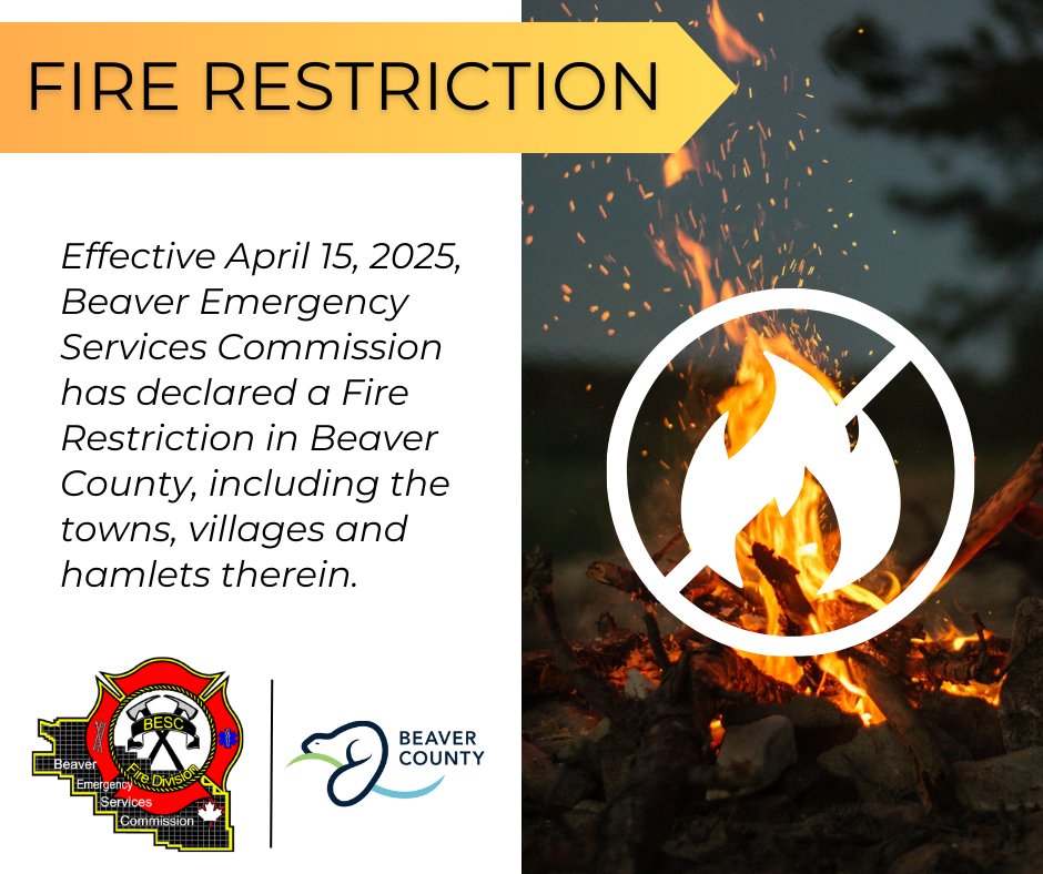 A Fire Restriction is in effect due to an increased risk of wildfire due to dry conditions. All existing fire permits are cancelled and open burns must be extinguished. More info: besc.ca and albertafirebans.ca.