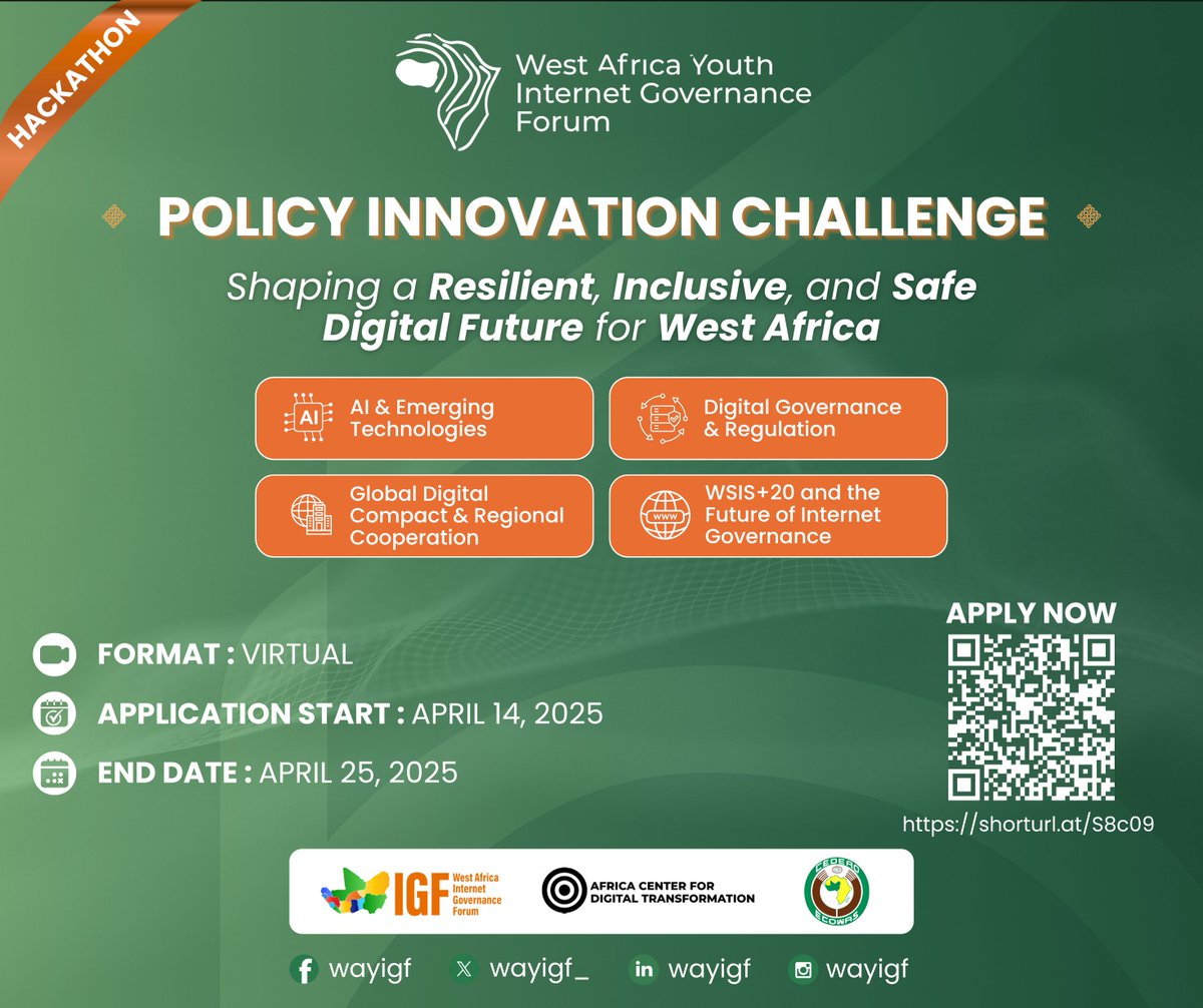 🚀 Young changemakers in West Africa — ready to shape a safer, inclusive digital future?
Join the Policy Innovation Challenge at #WAYIGF

📅 Applications: April 14–25, 2025
🔗 Apply now: shorturl.at/S8c09

Let’s build what’s next together.
#DigitalFuture #InternetGovernance