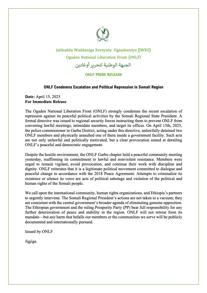 ONLFofficial's tweet photo. #ONLF condemns the Somali Regional administrator’s order to attack its members and ban peaceful meetings. On April 15, ONLF members were assaulted in #Garba, Nogob zone. We hold the Ethiopian gov’t and PP fully responsible for any consequences.
Read full press release #SomaliState #ONLF #HumanRights @USEmbassyAddis @UKinEthiopia @SweinEthiopia @AmbafranceET @KenyaEmbAddis @MofaSudan @MOFASomalia @UNDjibouti @BurundinAddis @StateHouseUg  @UrugwiroVillage @tanzaniagovern1 @dwnews @BBCWorld @addisstandard  @turki_alm @KSAmofaEN @TRForeignAffair @JapanEthiopia @MfaEgypt  @shabait @UN_HRC  @AUC_PAPS @AHRC @@achpr_cadhp @UNPOintl