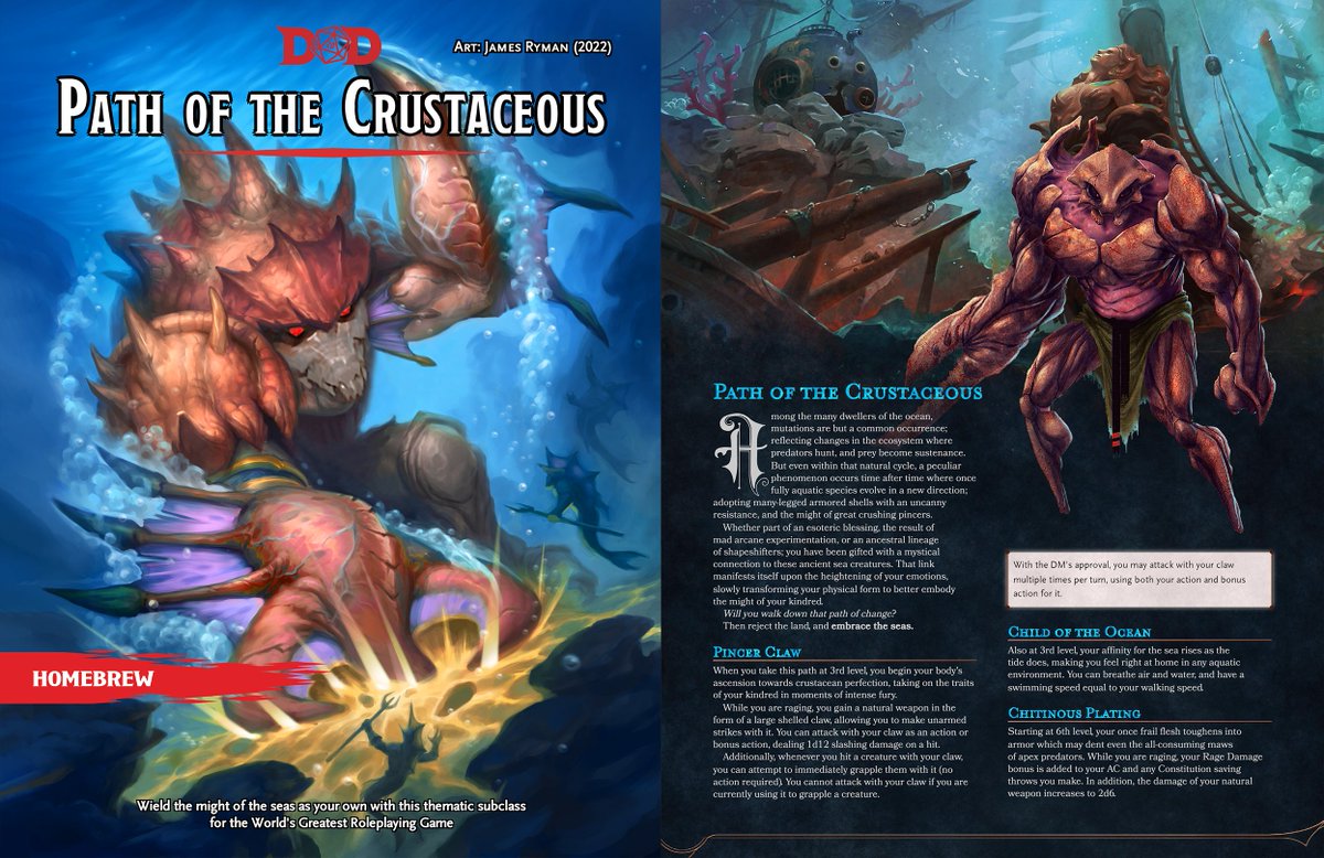 CamunonZ's tweet photo. BARBARIAN: PATH OF THE CRUSTACEOUS
Reject Modernity, Embrace Crab
- Originally released on September 2023
PDF: https://t.co/DglzJxy9IA
#dungeonsanddragons #DnD #dnd #5e #dnd5e #homebrew #TTRPGs #ttrpg #crab #crabdance #Memes #subclass #barbarian #underwater #oceanterror https://t.co/0yzgJdcOz7