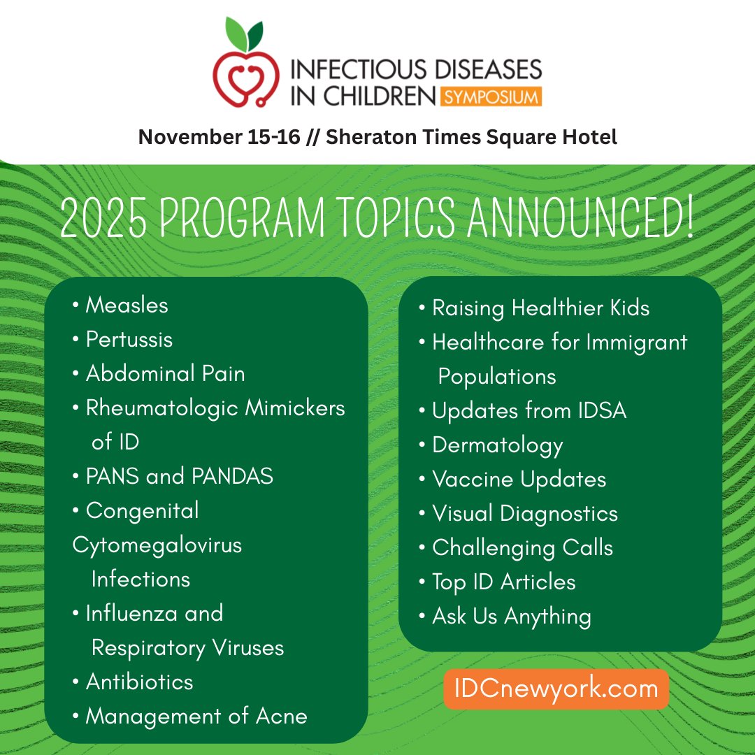 Here’s a sneak peek! These are just a few of the most talked-about topics coming to Infectious Disease in Children Symposium 2025. Don’t miss your chance to stay ahead of the curve this November! IDCnewyork.com #infectiousdisease #pediatrics #pedsnurse #physician #nurse