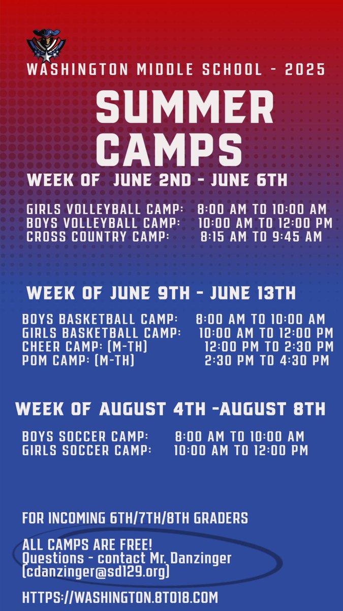 Washington MS (@athletics_wms) on Twitter photo 📣 Incoming 6th–8th grade Generals!
FREE summer sports camps at Washington 🏀⚽🏃♂️
Fun, friends & fitness—what’s not to love?
Sign up for as many as you’d like!
❓Questions? Reach out to Mr. Danzinger: cdanzinger@sd129.org
#TheGeneralWay #GetInvolved #SummerVibes 📣 Incoming 6th–8th grade Generals!
FREE summer sports camps at Washington 🏀⚽🏃♂️
Fun, friends & fitness—what’s not to love?
Sign up for as many as you’d like!
❓Questions? Reach out to Mr. Danzinger: cdanzinger@sd129.org
#TheGeneralWay #GetInvolved #SummerVibes