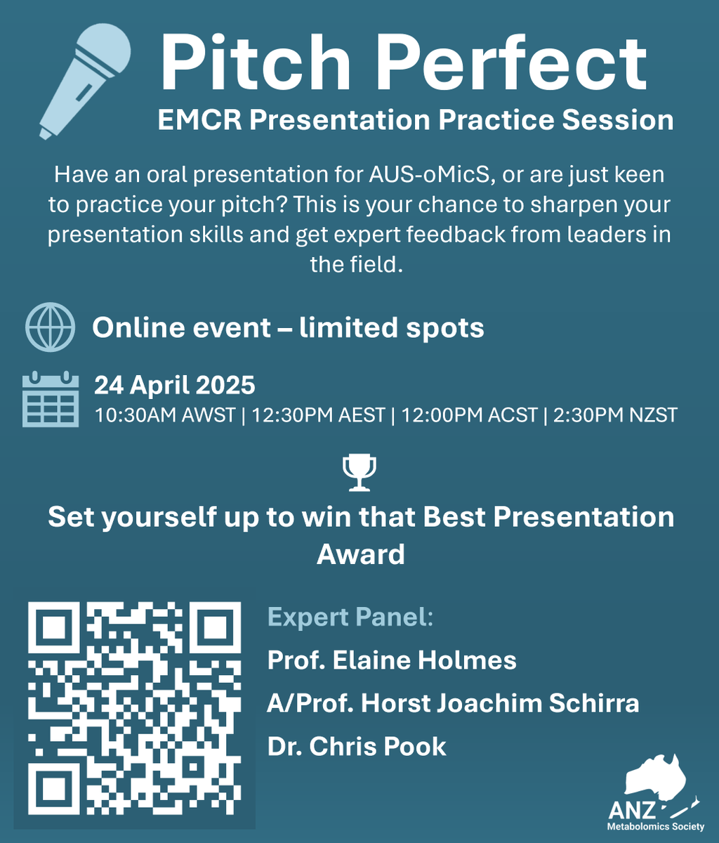 🎤 Pitch Perfect: EMCR Presentation Practice 🎤

Got a talk at #AUSoMicS? Or just want to polish your pitch? Join this session to practice, get expert feedback &amp; boost your confidence!
🗓️ Thurs 24 April
Limited spots! tinyurl.com/8u8aue25
#Metabolomics #ANZMetSoc #PitchPerfect