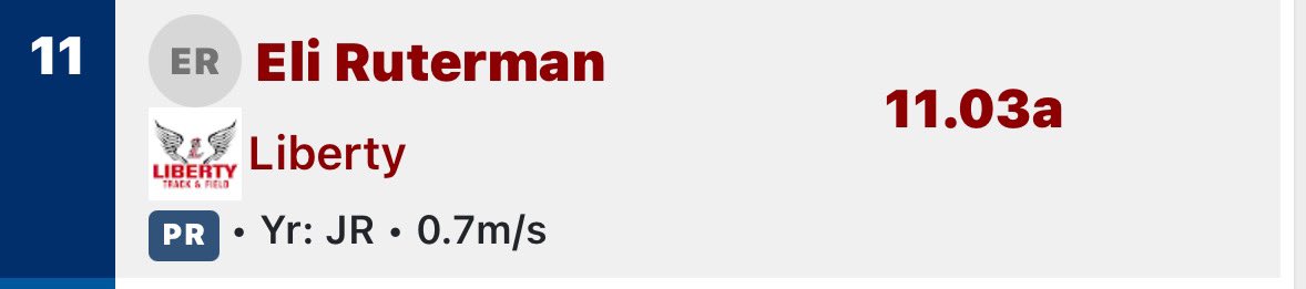 EliRuterman (@eli_ruterman) on Twitter photo 100m PR 11.03‼️
4 weeks of consistently cutting my time down
<a href="/LHSLionsTrack/">LibertyLionsT&F</a>
<a href="/CoachIGardner/">Ian Gardner 🇺🇸 🏈 🦁</a> 100m PR 11.03‼️
4 weeks of consistently cutting my time down
<a href="/LHSLionsTrack/">LibertyLionsT&F</a>
<a href="/CoachIGardner/">Ian Gardner 🇺🇸 🏈 🦁</a>