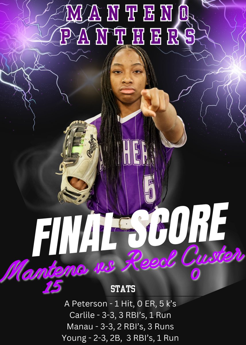 🐾🥎💜Clicking on all cylinders tonight. Ava Peterson throws a 1 hitter and we had 6 doubles and 2 triples en route to 15 runs. Record 9-2, 5-1. <a href="/MHSscores/">Manteno Athletics</a> <a href="/MHS_AthBoosters/">Manteno Ath Boosters</a>  <a href="/MantenoStrength/">Manteno HS Strength & Performance Dept.</a> <a href="/ica_softball/">ICA Softball</a> <a href="/TDJsports/">Daily Journal Sports</a> <a href="/avapeterson_11/">Ava Peterson</a> <a href="/Amiyamarie08/">Amiya Carlile</a> <a href="/jazminemanau15/">Jazmine Jaz Manau</a> <a href="/lanieyoung1128/">lanie young</a>