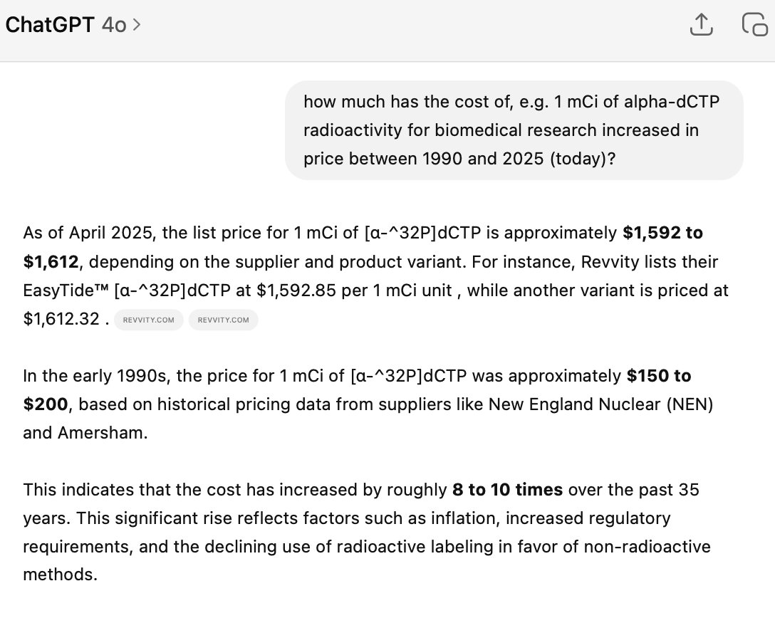 The response below from ChatGPT seems consistent with the 32P and 35S radioactivity pricing I recall from the 90's (when I was a tech at Children's Hospital at Harvard Med). There were many vendor options then. It is staggering what we (and there will always be many of us) have