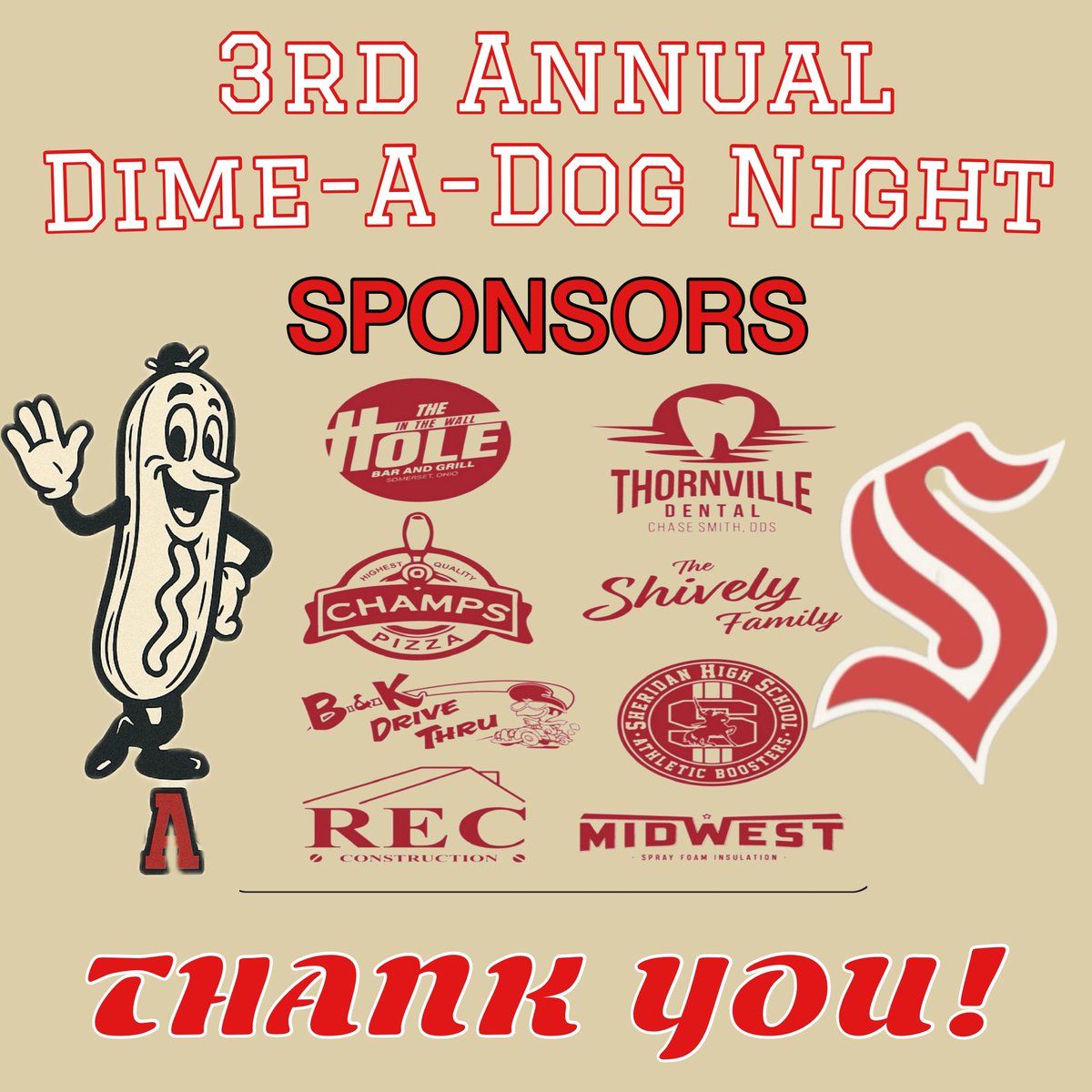 3rd Annual Dime-A-Dog Night
📅 Tuesday April 22, 2025
📍Sheridan Baseball &amp; Softball Fields

SHERIDAN vs TRI VALLEY 

Come out and support your Generals as they take on Tri Valley in a Divisional matchup on Tuesday April 22nd and enjoy some hot dogs for a DIME!