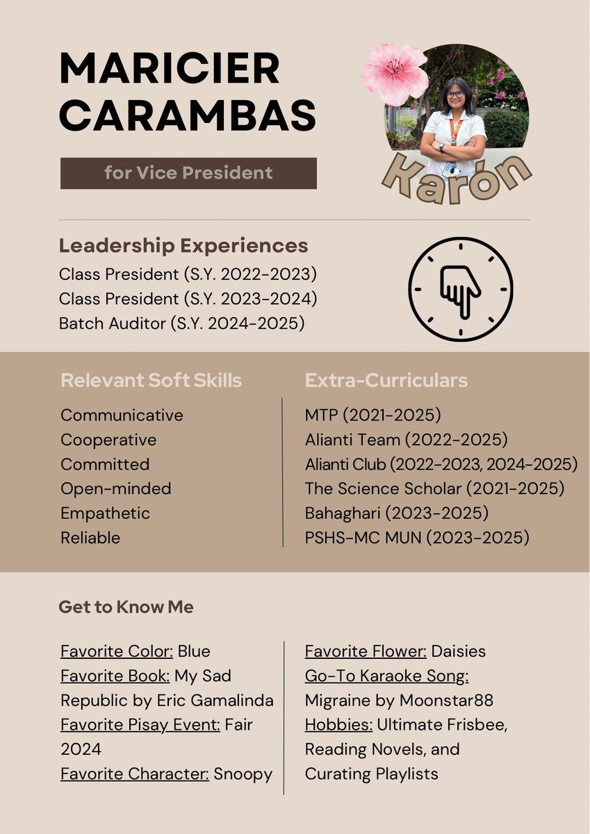 mareeshur's tweet photo. [KARÓN - Info Card]

B2027, ako si Maricier Carambas tumatakbo bilang Bise Presidente! 🌟

Narito ang aking INFO CARD upang mas makilala ninyo ako bilang isang kandidato! 🤎

Ito rin ang aming GPOA: https://t.co/KJziBCPmKu

Bumoto nang mabuti, B2027! https://t.co/8GxekRYbeV