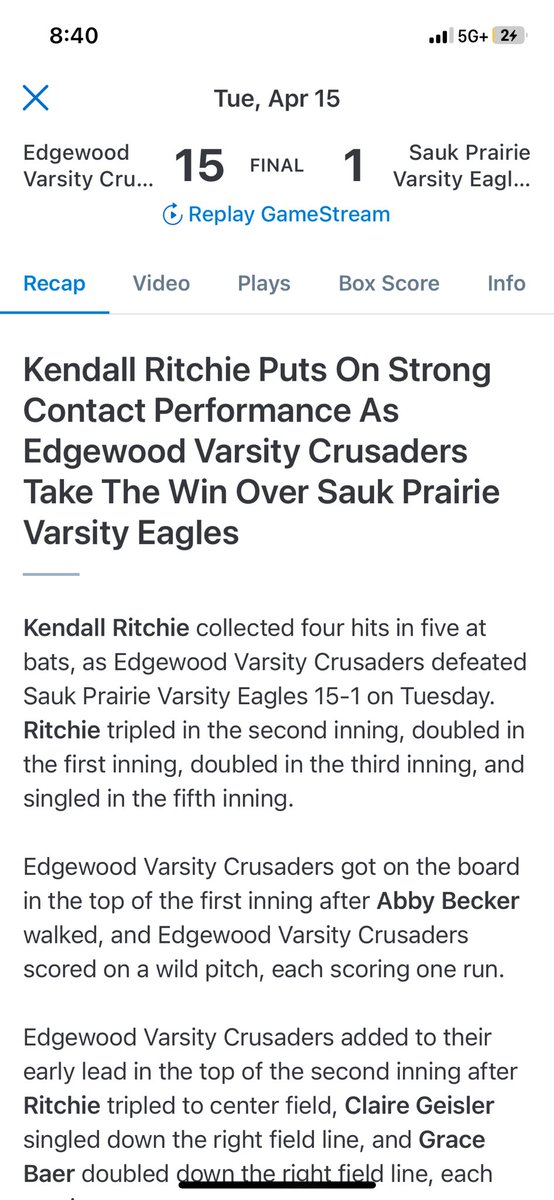 Kendall Ritchie (@kritchie01) on Twitter photo Started off conference play with a BANG‼️
15-1 vs. Sauk Prairie, great team win!
Went 4-5, including a triple, two doubles, a single & 2RBIs. On D, I allowed 0 passed balls from behind the plate.
<a href="/GetGameChanger/">GameChanger</a> write up below, highlights coming 🔜
Back @ it tomorrow @ Home🏡 Started off conference play with a BANG‼️
15-1 vs. Sauk Prairie, great team win!
Went 4-5, including a triple, two doubles, a single & 2RBIs. On D, I allowed 0 passed balls from behind the plate.
<a href="/GetGameChanger/">GameChanger</a> write up below, highlights coming 🔜
Back @ it tomorrow @ Home🏡