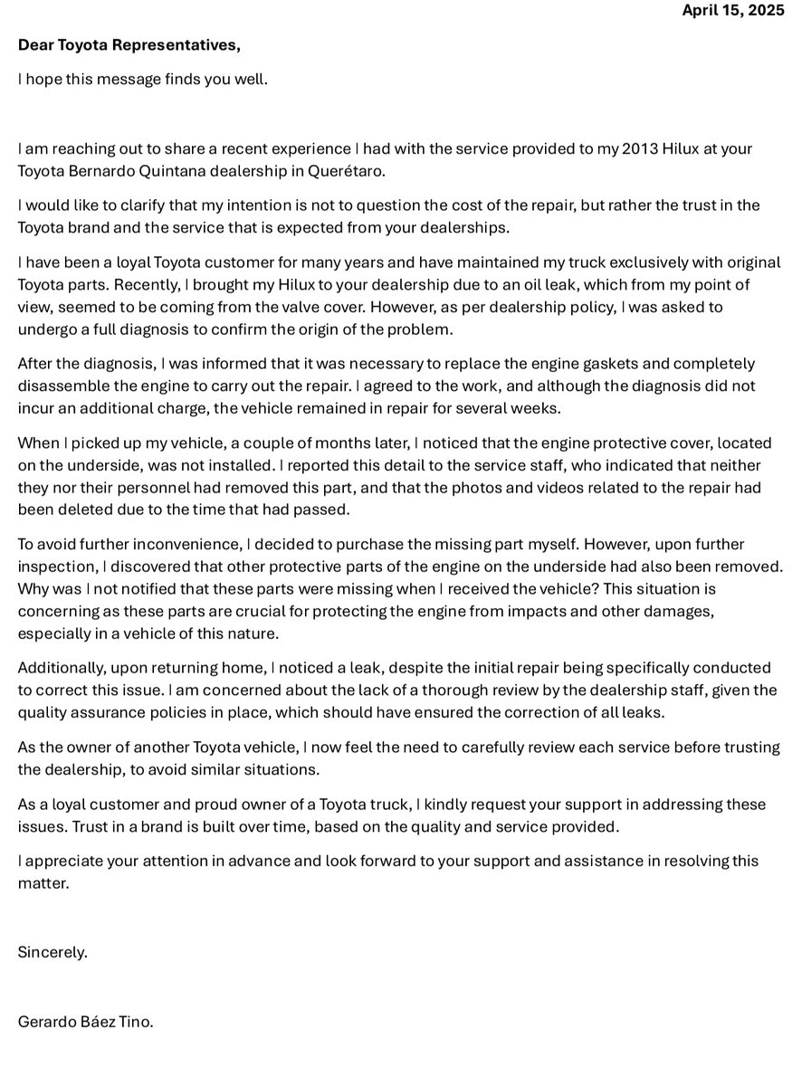 GbaezT's tweet photo. @ToyotaQro @ToyotaMex @ToyotaMotorCorp @ToyotaLatino @ToyotaPrensa @TGR_WEC 
Dear Toyota Representatives, please take your time to read my letter https://t.co/78TNsam6IX