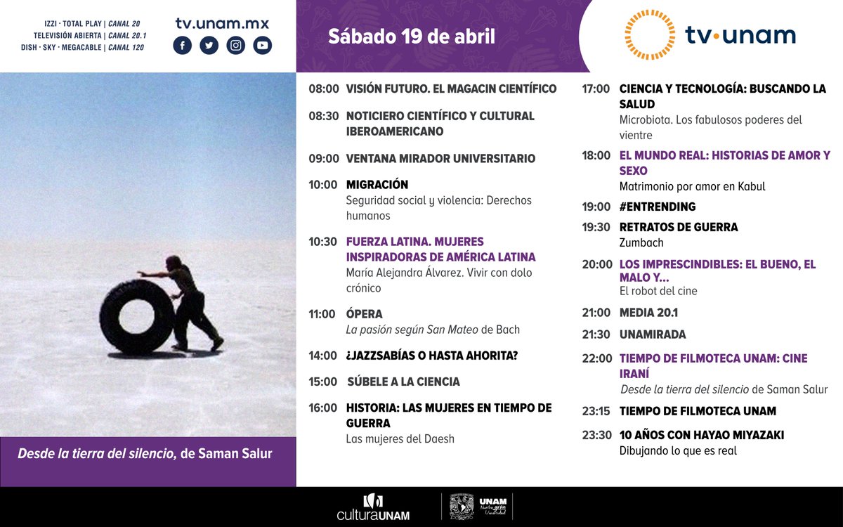 tvunam's tweet photo. ✨😍¿Qué ver este #felizsábado? Ópera🎻, #Jazzabías🎷, «Las mujeres en tiempo de guerra🎥», «Buscando la salud👩‍⚕️», #EnTrending🎙️, #LosImprescindibles🎬, #Media20punto1📲, #UNAMirada👁️ y #TiempodeFilmotecaUNAM🎥. https://t.co/64vC4yrwOK
