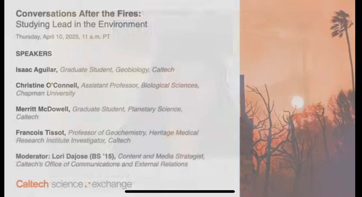 A great <a href="/Caltech/">Caltech</a> Public Data Sharing Meeting, April 10, 2025

Conversations After the Fires: 
Studying Lead in the Environment

m.youtube.com/watch?v=JUC_wG…