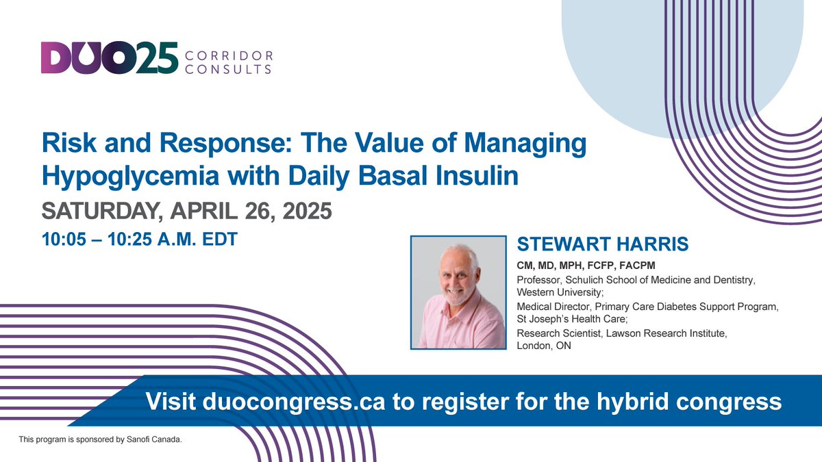 Join us at #DiabetesUpdate for a Corridor Consult on Risk and Response: Managing Hypoglycemia with Daily Basal Insulin with Dr. Stewart Harris. Discover how 2nd gen basal insulins reduce hypoglycemia risk &amp; are used in real-world care. Register now: duocongress.ca