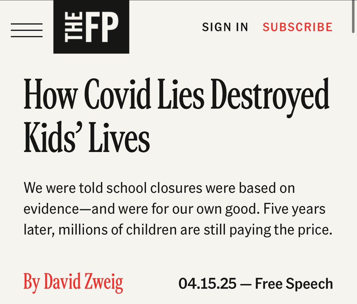 Jennifer Sey (@jennifersey) on Twitter photo The response to covid was definitely not experts "doing the best they could with limited information."
They knew better. And they did it anyway. They ruined many kids' lives in the process. <a href="/davidzweig/">David Zweig</a> has a new book coming and here's an excerpt in <a href="/TheFP/">The Free Press</a> The response to covid was definitely not experts "doing the best they could with limited information."
They knew better. And they did it anyway. They ruined many kids' lives in the process. <a href="/davidzweig/">David Zweig</a> has a new book coming and here's an excerpt in <a href="/TheFP/">The Free Press</a>