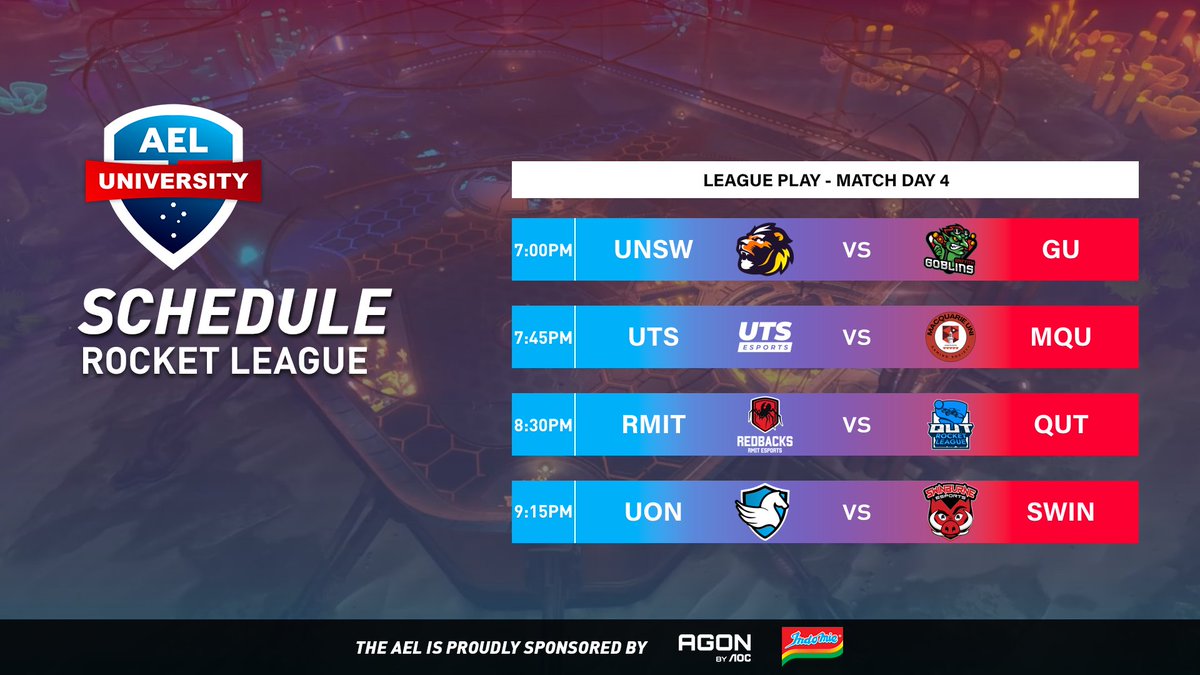 Australian Esports League (@auesportsleague) on Twitter photo More AEL University Elite action tonight with Rocket League!
π΄ Live from 6:45PM AEST
πΊ twitch.tv/auesportsleague
ποΈ <a href="/Mattse123/">MattSe</a> & <a href="/QueenMorgie_/">QueenMorgie</a>
π¬ <a href="/BkWhatOCE/">Bk</a>
Match Schedule
7PM <a href="/UNSW_ESports/">UNSW ESports Club</a> vs <a href="/GriffithEsports/">Griffith Esports</a>
7:45PM <a href="/UTSEsports/">UTS Esports</a> vs <a href="/MQUGaming/">Macquarie Uni Esports</a>
8:30PM <a href="/RMITesports/">RMIT Esports & Games</a> vs #QUT More AEL University Elite action tonight with Rocket League!
π΄ Live from 6:45PM AEST
πΊ twitch.tv/auesportsleague
ποΈ <a href="/Mattse123/">MattSe</a> & <a href="/QueenMorgie_/">QueenMorgie</a>
π¬ <a href="/BkWhatOCE/">Bk</a>
Match Schedule
7PM <a href="/UNSW_ESports/">UNSW ESports Club</a> vs <a href="/GriffithEsports/">Griffith Esports</a>
7:45PM <a href="/UTSEsports/">UTS Esports</a> vs <a href="/MQUGaming/">Macquarie Uni Esports</a>
8:30PM <a href="/RMITesports/">RMIT Esports & Games</a> vs #QUT