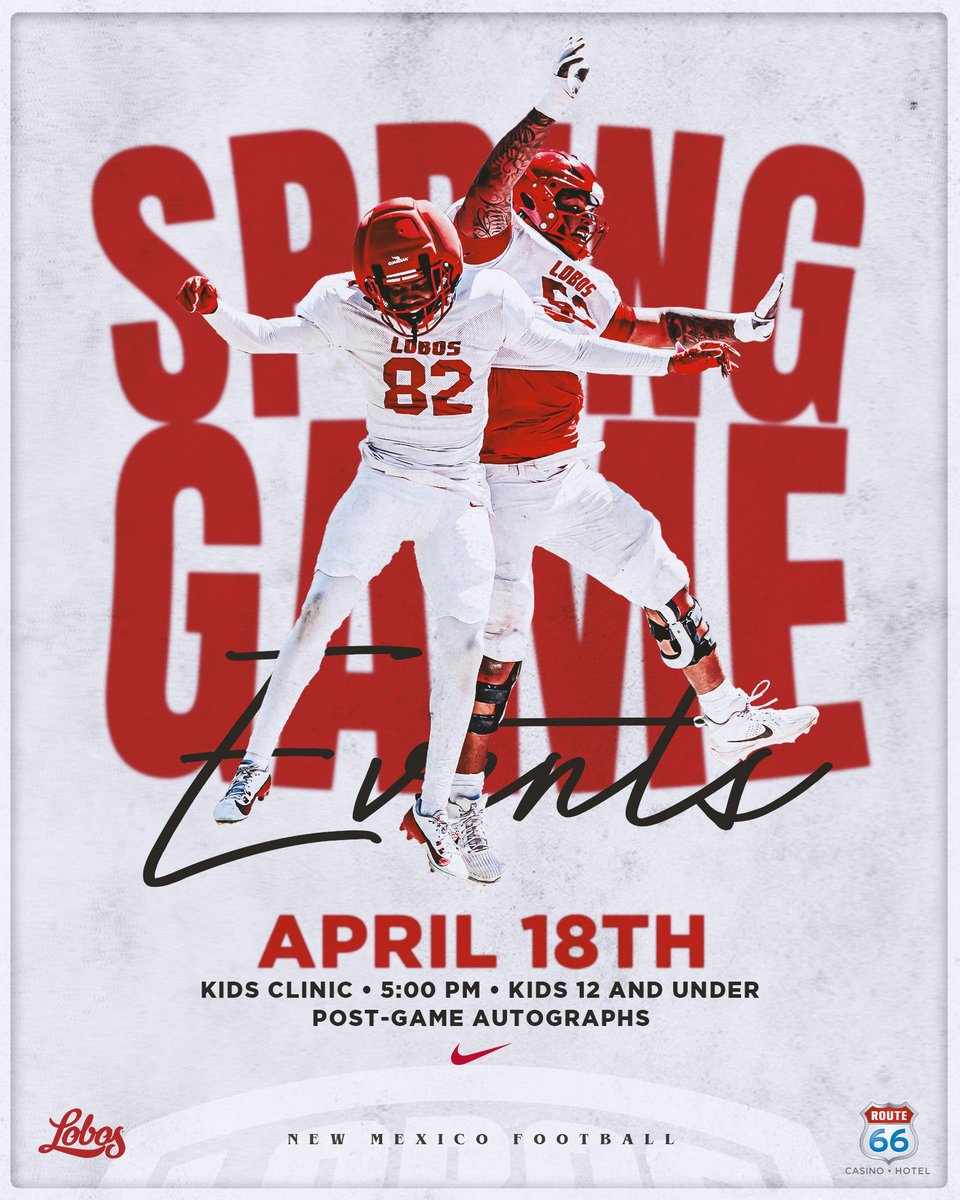 🚨Lobo Nation🚨

<a href="/Coach_Eck/">Jason Eck</a> and <a href="/UNMLoboFB/">New Mexico Football</a> have been putting in work all spring — now it’s your turn to check them out!

Spring Game | April 18
- Kids Clinic (12 &amp; under) at 5 PM
- Kickoff at 6:30 PM
- Postgame autographs + on-field photos

Bring the whole family for football,