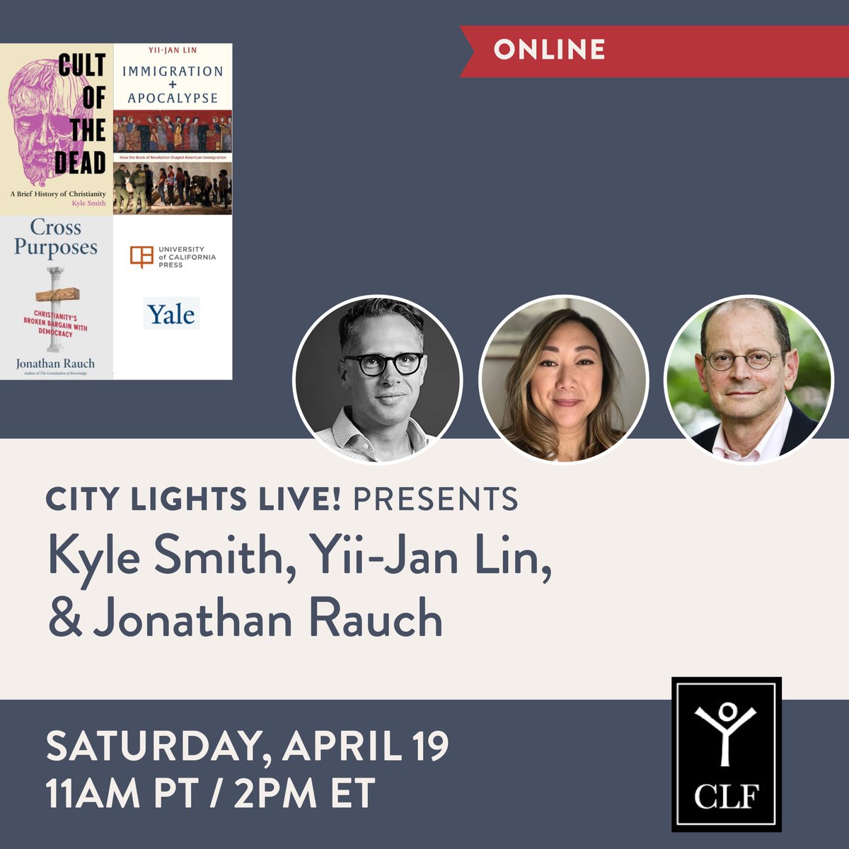 City Lights Books (@citylightsbooks) on Twitter photo This week at City Lights LIVE!
🌸 Wednesday 4/16: Jody Weiner
<a href="/svpublishing/">Speaking Volumes</a>
*In-store only*
🌸 Thursday 4/17: <a href="/seanehewitt/">Seán Hewitt</a> with <a href="/samsax1/">sam sax</a>
<a href="/AAKnopf/">Alfred A. Knopf</a>
🌸 Saturday 4/19: Kyle Smith, <a href="/janjancl/">Yii-Jan Lin</a>, and <a href="/jon_rauch/">Now JonRauch on 🦋</a>
*Online only*
For streams, please register here: citylights.com/events/ This week at City Lights LIVE!
🌸 Wednesday 4/16: Jody Weiner
<a href="/svpublishing/">Speaking Volumes</a>
*In-store only*
🌸 Thursday 4/17: <a href="/seanehewitt/">Seán Hewitt</a> with <a href="/samsax1/">sam sax</a>
<a href="/AAKnopf/">Alfred A. Knopf</a>
🌸 Saturday 4/19: Kyle Smith, <a href="/janjancl/">Yii-Jan Lin</a>, and <a href="/jon_rauch/">Now JonRauch on 🦋</a>
*Online only*
For streams, please register here: citylights.com/events/