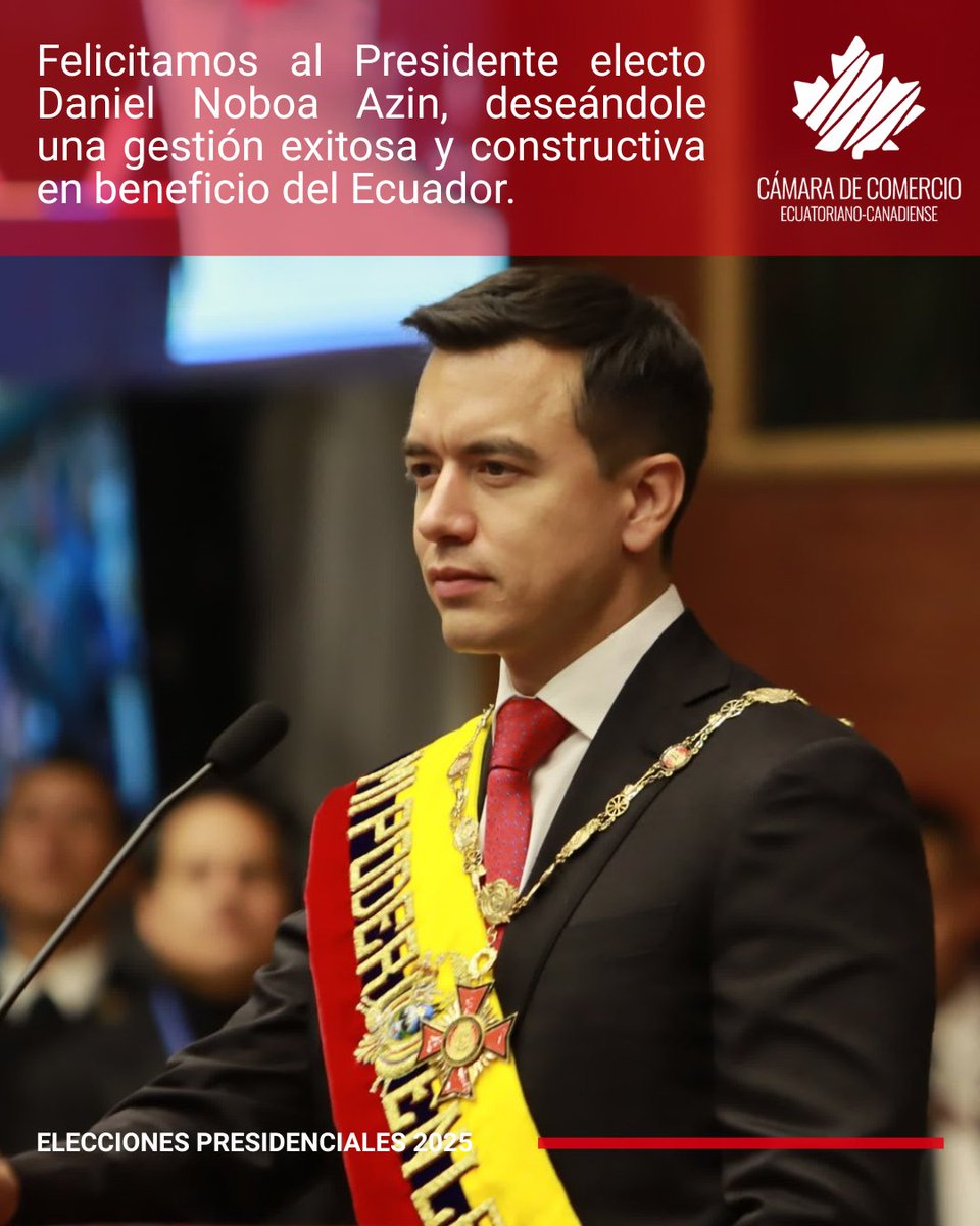 Cámara Ecuatoriano Canadiense (@ccecquito) on Twitter photo La Cámara de Comercio Ecuatoriano-Canadiense extiende sus felicitaciones al Presidente electo <a href="/DanielNoboaOk/">Daniel Noboa Azin</a> , y nuestros mejores deseos para esta nueva etapa del país. La Cámara de Comercio Ecuatoriano-Canadiense extiende sus felicitaciones al Presidente electo <a href="/DanielNoboaOk/">Daniel Noboa Azin</a> , y nuestros mejores deseos para esta nueva etapa del país.