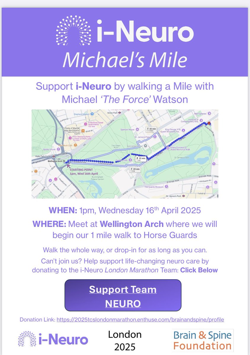 geridavies's tweet image. Michael’s Mile!  Tomorrow Wednesday 16th April…come and walk with Michael. Can’t make it then please donate to 
2025tcslondonmarathon.enthuse.com/brainandspine/…
#michaelwatson #peterhamlyn @brainspine