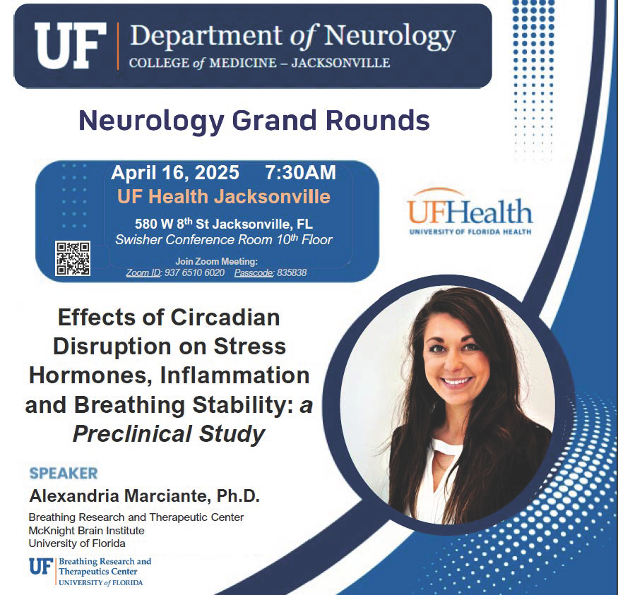 UF.BREATHE (@ufbreathe) on Twitter photo Join <a href="/UFNeuroJax/">UFNeuroJax</a> for Neurology Grand Rounds tomorrow, April 16 (7:30am). BREATHE member, <a href="/AlexMJ_PhD/">Alexandria Marciante</a>, will present: Effects of Circadian Disruption on Stress Hormones, Inflammation, & Breathing Stability.
Join in person or via Zoom at: bit.ly/3EpQJhU ๐ฅ๐ Join <a href="/UFNeuroJax/">UFNeuroJax</a> for Neurology Grand Rounds tomorrow, April 16 (7:30am). BREATHE member, <a href="/AlexMJ_PhD/">Alexandria Marciante</a>, will present: Effects of Circadian Disruption on Stress Hormones, Inflammation, & Breathing Stability.
Join in person or via Zoom at: bit.ly/3EpQJhU ๐ฅ๐