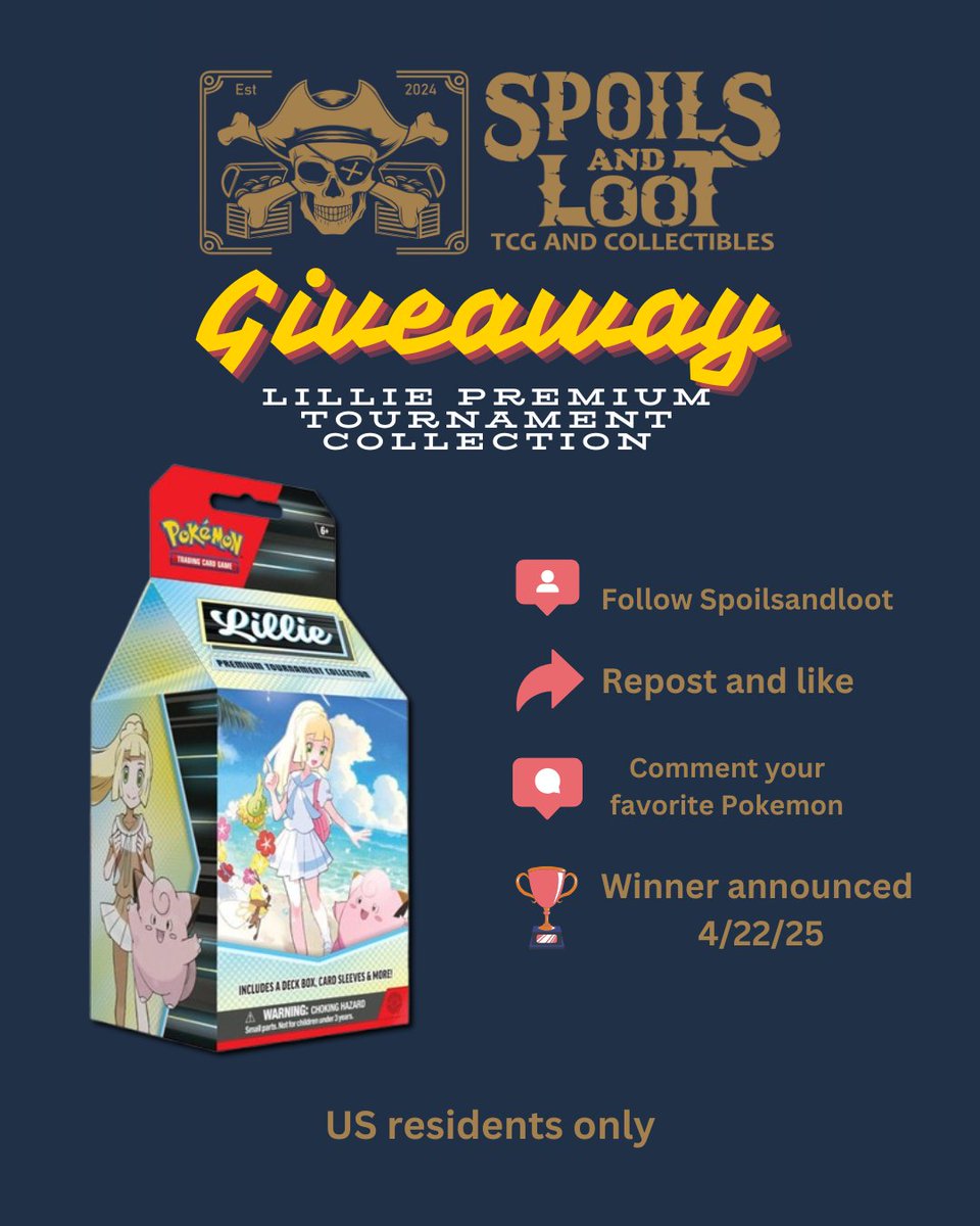 spoilsandloot's tweet image. Lillie Premium Tournament Collection Giveaway!
Winner will be announced on 4/22/25 and prize will be shipped out on 4/25/25 . US Residents only.

To enter the giveaway:
✅Follow @spoilsandloot 
✅Repost and like
✅Comment your favorite Pokemon