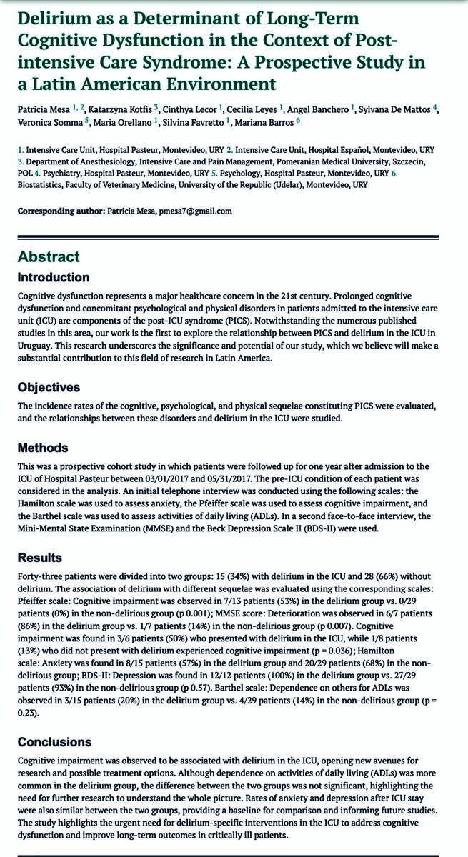 Congratulations to Pasteur Hospital ICU and to Dr.Kotfis !! pubmed.ncbi.nlm.nih.gov/40225547/

<a href="/NIDUS_Delirium/">NIDUS Delirium Network</a> <a href="/AmerDelirium/">American Delirium Society</a> <a href="/RevMedUruguay/">𝗥𝗲𝘃𝗶𝘀𝘁𝗮 𝗠𝗲́𝗱𝗶𝗰𝗮 𝗱𝗲𝗹 𝗨𝗿𝘂𝗴𝘂𝗮𝘆</a> <a href="/icurehab/">Hopkins ICU Rehab</a> <a href="/ANZDA_delirium/">AustralasianDelirium</a> <a href="/ASSEcomunica/">ASSE</a> <a href="/JulioPontet/">Julio Pontet Ubal</a> <a href="/WesElyMD/">WesElyMD</a> <a href="/KatarzynaKotfis/">Professor Katarzyna Kotfis, MD, PhD, EDAIC</a> <a href="/Martizqui/">Federico Martiarena</a> <a href="/SATIarg/">SATI</a> <a href="/sumi_medicina/">Sociedad Uruguaya de Medicina Intensiva</a> <a href="/DrDaleNeedham/">Dale Needham, MD, PhD</a> <a href="/JTenzi/">Jordan Tenzi Bergero</a> <a href="/Fepimcti/">Fepimcti</a>