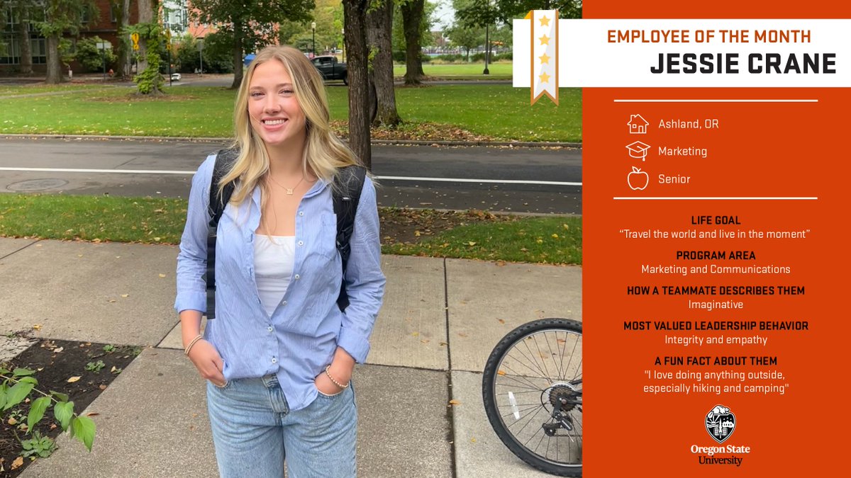 Our next employee of the month for April is marcom's own Jessie Crane! Jessie is a senior Marketing major from Ashland, OR. She loves doing anything outside, especially hiking and camping, both of which she's done in her job at Rec Sports. Congrats, Jessie!