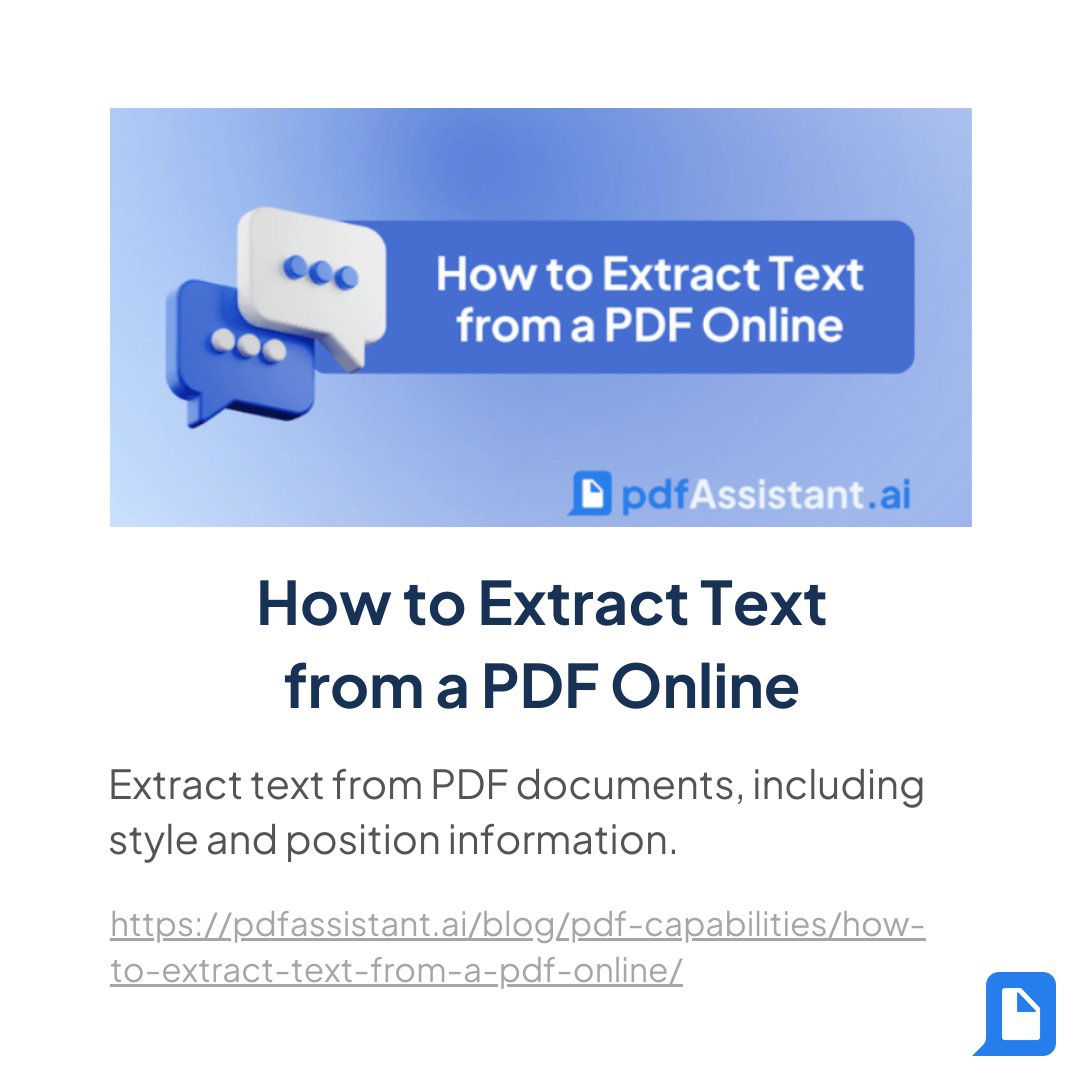 pdfAssistant's tweet image. Extract text from PDF documents, including style and position information using @pdfAssistant.ai.

Learn more: pdfassistant.ai/blog/pdf-capab…
 #PDFExtraction #PDFTools #DataExtraction #PDFAssistant