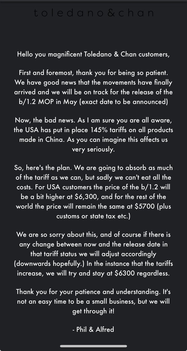 Real time example tariff impact of a watch brand that took pre-orders months ago for the production of an upcoming watch release.