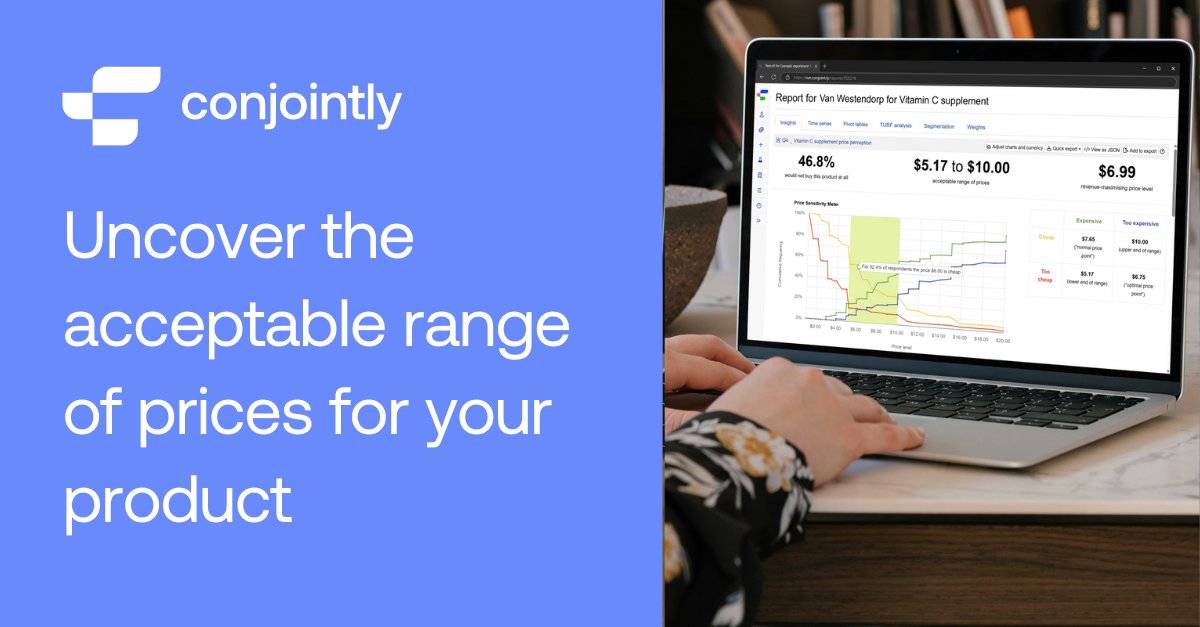 🔎 Identify your customers’ acceptable price ranges with Van Westendorp
 
With Conjointly’s Van Westendorp PSM, you can identify the price levels that make your product look too cheap, too expensive, and just right.

▶ Learn how it works: conjointly.com/products/van-w…