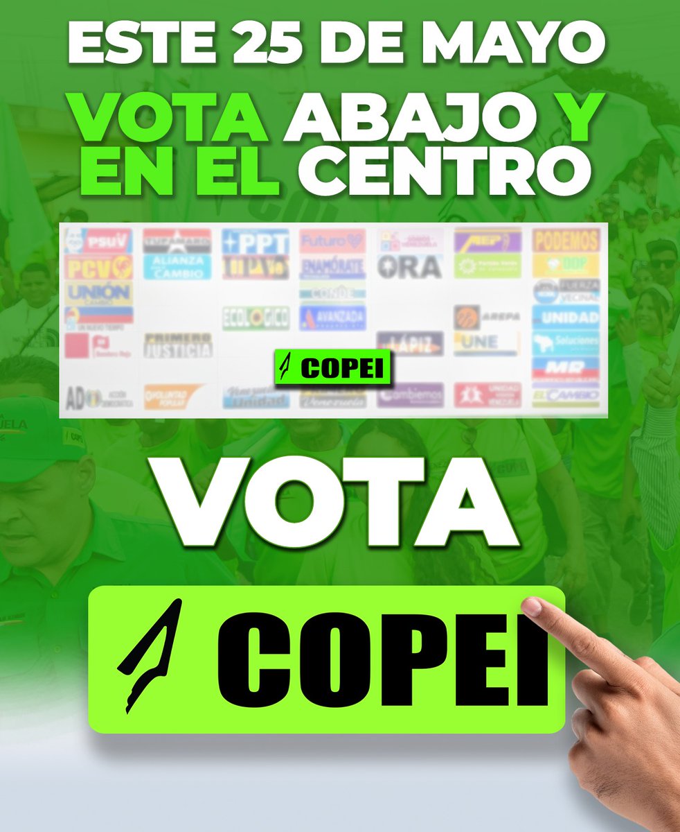 Copei_Partido's tweet photo. La tarjeta verde de la Democracia Cristiana de Venezuela ya tiene posición oficial para las elecciones del #25May 🗳️ 

Mira bien 👀
𝗔𝗯𝗮𝗷𝗼 𝘆 𝗲𝗻 𝗲𝗹 𝗖𝗲𝗻𝘁𝗿𝗼, 𝗩𝗼𝘁𝗮 𝗖𝗢𝗣𝗘𝗜 🟢✅ https://t.co/s3ER9whwbm