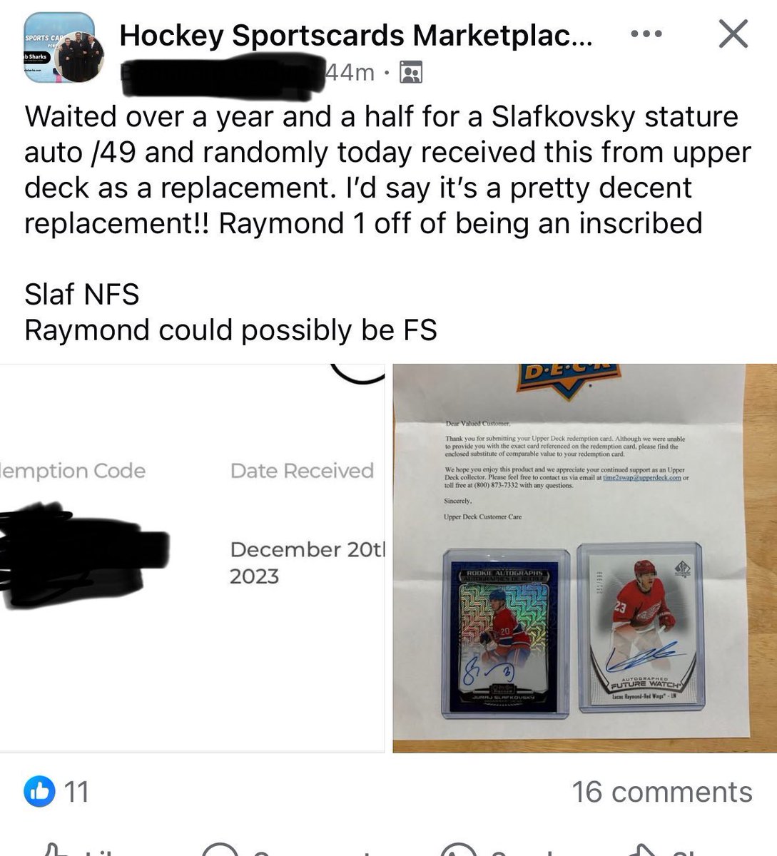 I am at a loss, so trying to do the social media thing to see if maybe this will change their minds…

For the first time, I am genuinely angry with <a href="/UpperDeckSports/">Upper Deck</a> @UpperDeckHockey and their handling of a redemption replacement.

I redeemed a Juraj Slafkovsky /49 image