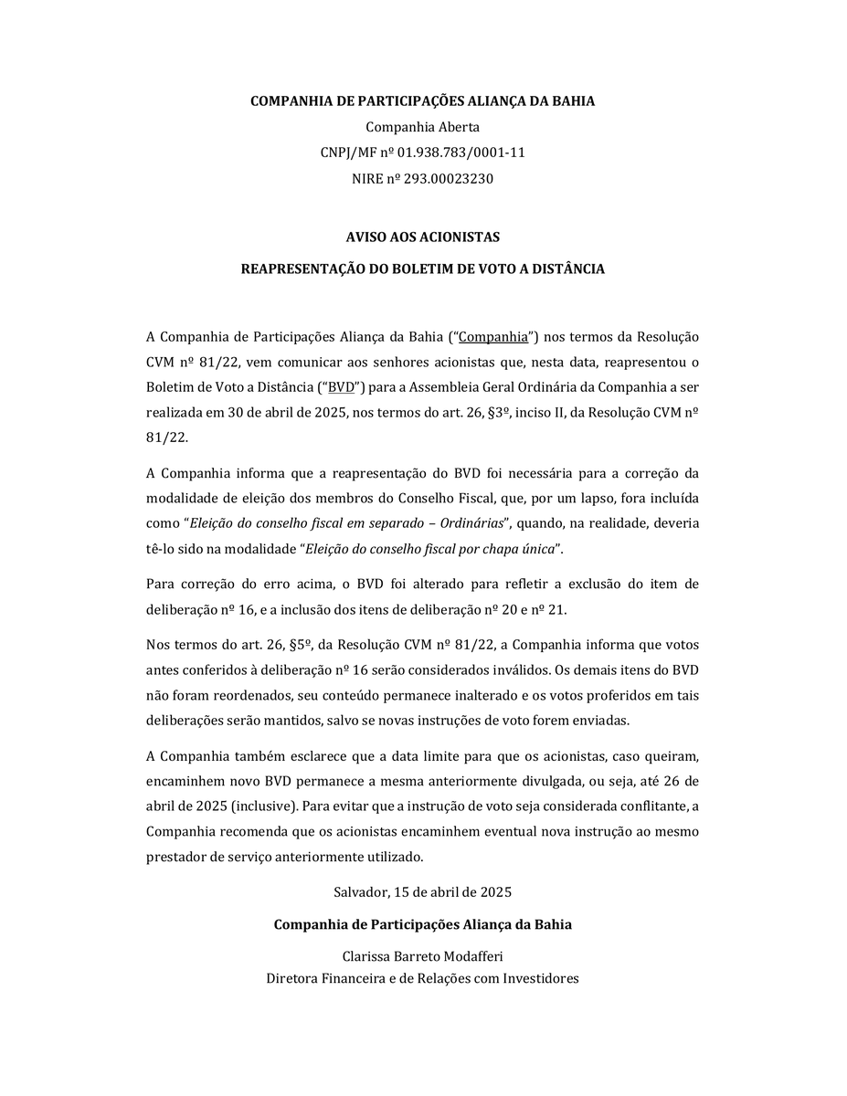 CalixtoCapital's tweet photo. #PEAB3 | PAR AL BAHIA | Aviso aos Acionistas https://t.co/5hhxJ6EXFe