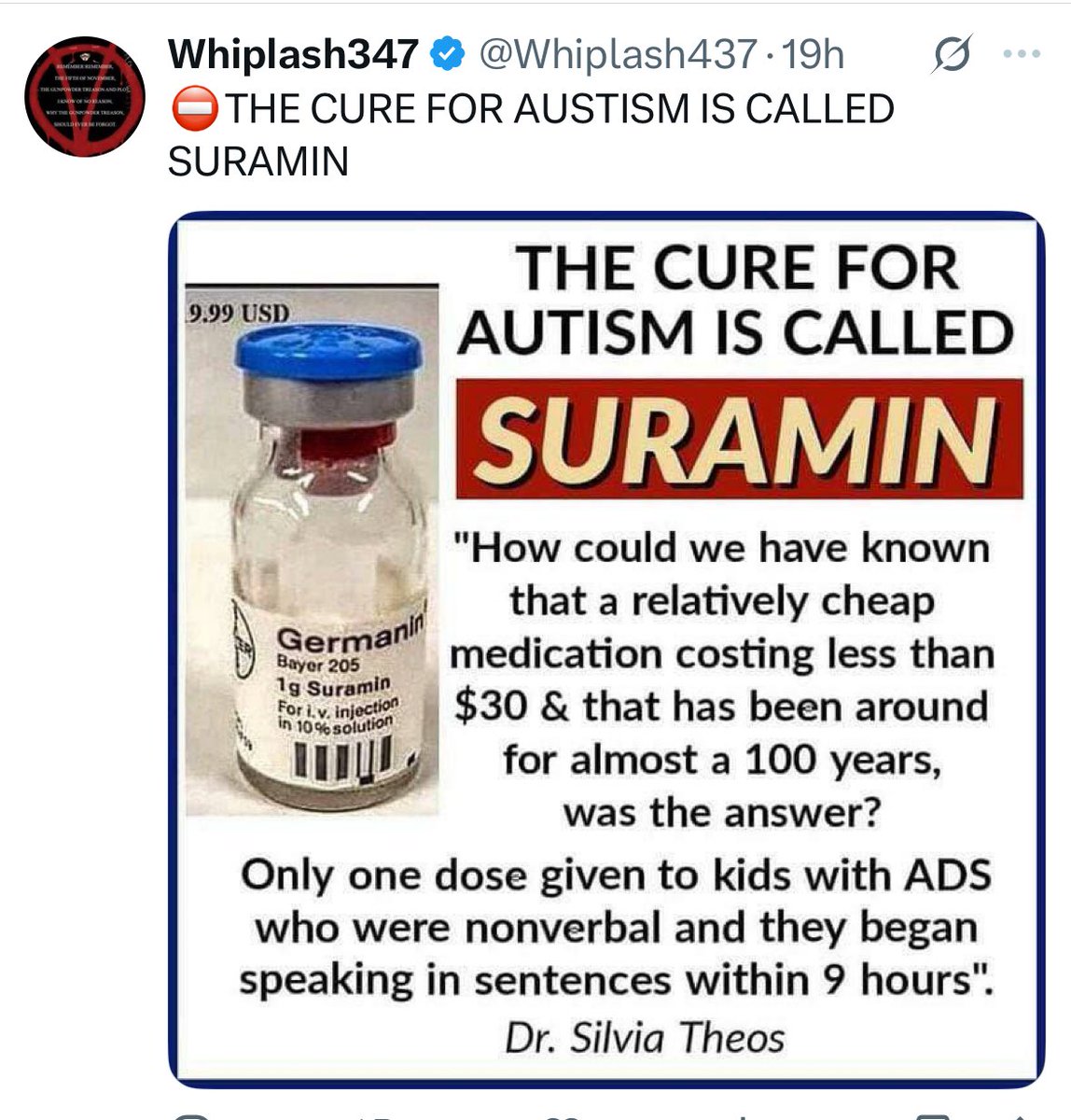 DrNeilStone's tweet image. This is a new one in the world of crazy online pseudoscience. 

Suramin is a treatment for sleeping sickness, a parasitic infection found in parts of Africa and transmitted by the tsetse 

Where they have come up with this bunkum about Suramin "curing" autism have no idea!
