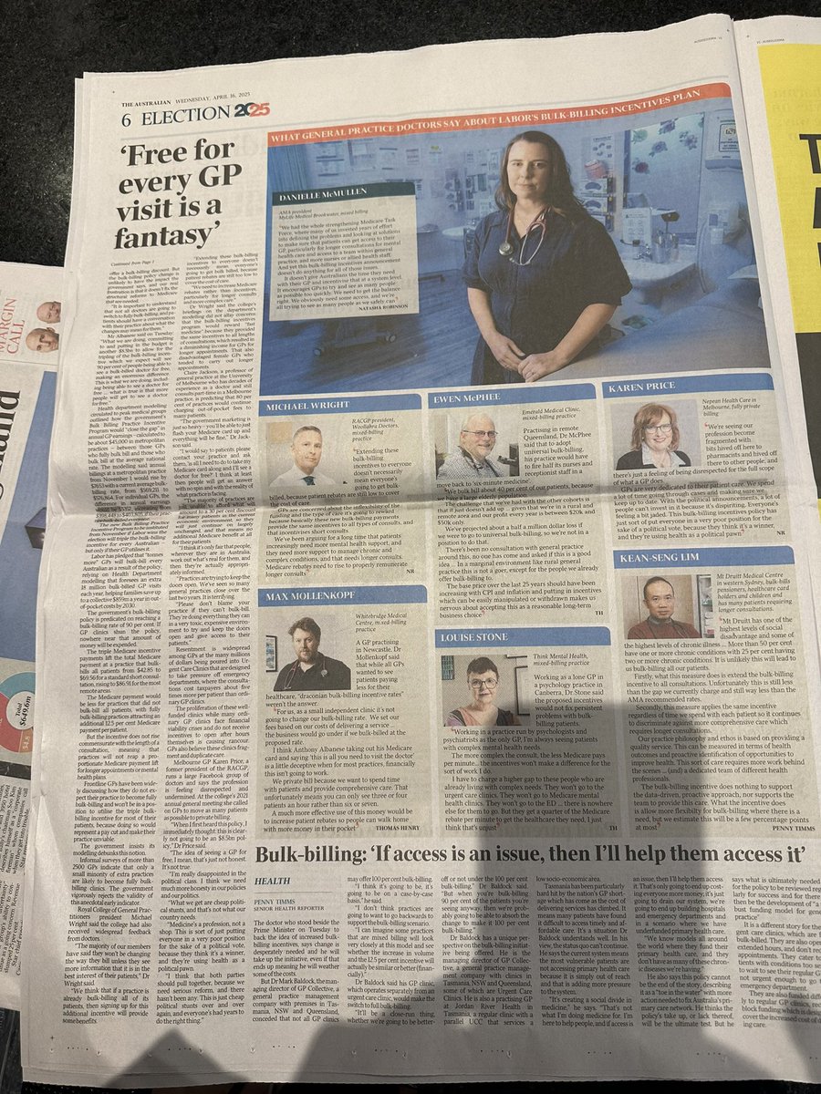 Adj Prof Karen Price, 20-22 RACGP Past Prez (@brookmanknight) on Twitter photo Our story on the front page
A cynical vote grab calling healthcare free.
Bulk billing everyone = a promise that canโt be fulfilled
We need reform not cheap political stunts
Patients have complex needs which quick medicine =/= fix
<a href="/RACGPPresident/">Royal Australian College of GPs (RACGP) President</a> <a href="/ama_media/">AMA Media</a> <a href="/amapresident/">AMA President</a> Our story on the front page
A cynical vote grab calling healthcare free.
Bulk billing everyone = a promise that canโt be fulfilled
We need reform not cheap political stunts
Patients have complex needs which quick medicine =/= fix
<a href="/RACGPPresident/">Royal Australian College of GPs (RACGP) President</a> <a href="/ama_media/">AMA Media</a> <a href="/amapresident/">AMA President</a>