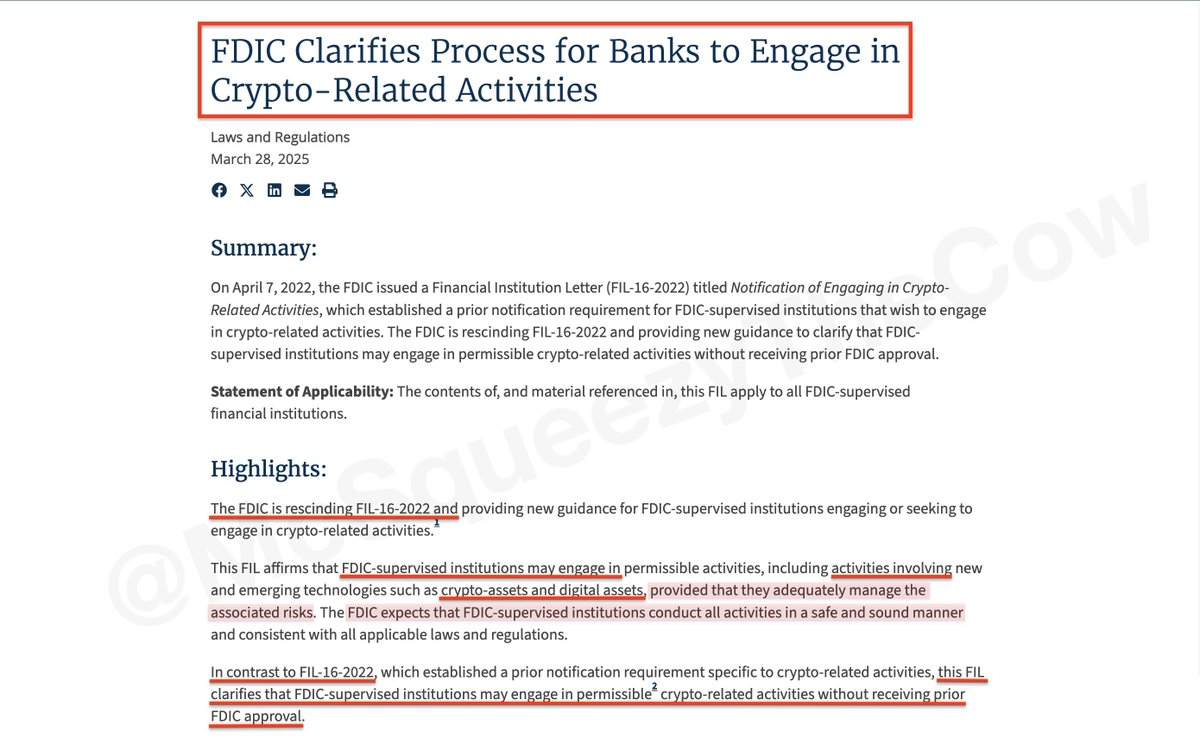 McSqueezyTheCow's tweet image. Banks can now engage in crypto-related [and digital asset] activities without receiving prior FDIC approval, so long as they &quot;adequately manage risks&quot; and &quot;conduct activities in a safe and sound manner&quot;; in accordance with new guidance--FIL-7-2025.
FIL-7-2025 rescinds FIL-16-2022…