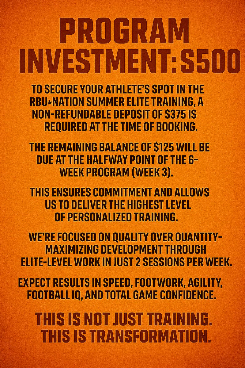 Coach J.Miller (@rbunation) on Twitter photo YEAR 4 SUMMER ELITE RBUNATION
Wave 1: (May 19th - June 25th)
Wave 2: (June 30th - July 30th) 
Ages 13-17 ( 630pm-7:30pm) 
This is NOT FOR JUST RUNNINGBACKS  this is for anyone looking for consistent work in  speed, agility, explosivess, & proper technique throughout the summer. YEAR 4 SUMMER ELITE RBUNATION
Wave 1: (May 19th - June 25th)
Wave 2: (June 30th - July 30th) 
Ages 13-17 ( 630pm-7:30pm) 
This is NOT FOR JUST RUNNINGBACKS  this is for anyone looking for consistent work in  speed, agility, explosivess, & proper technique throughout the summer.