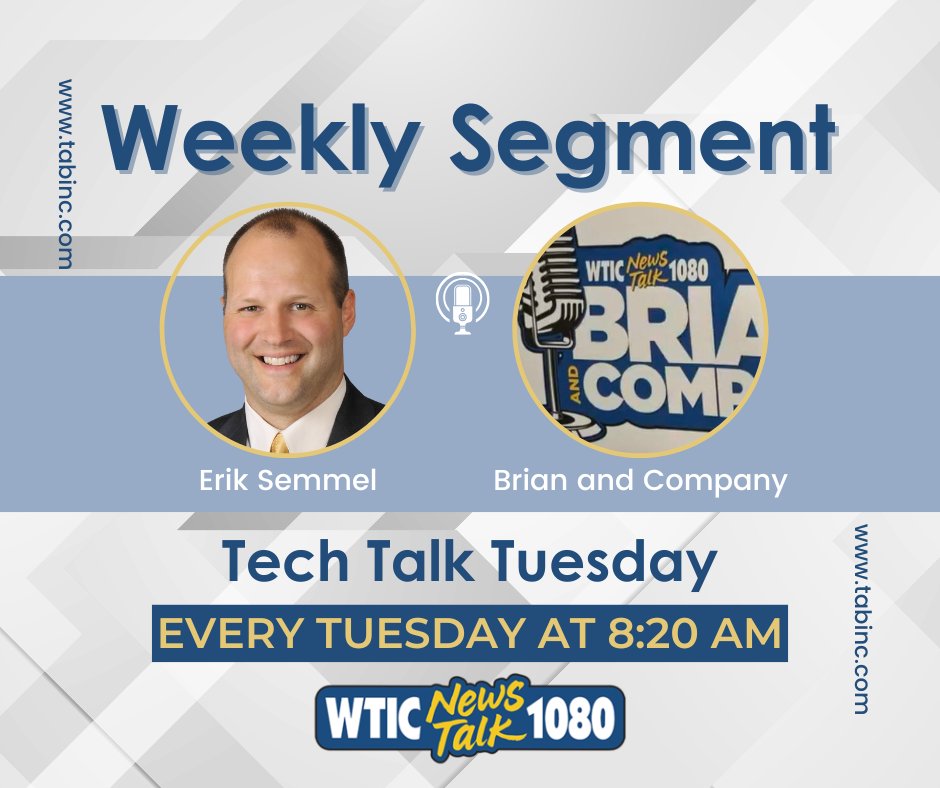 TABComputerSys's tweet image. #Techtalktuesday on a Wednesday. Be sure to tune into Brian and Company on WTIC News/Talk 1080 at 8:20 am tomorrow to hear the always informative and sometimes spicy tech segment. 

#itserviceprovider #computertalkwithtab #techtalk #radioshow