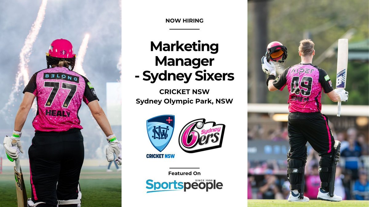 [Cooljobs] Marketing Manager - <a href="/SixersBBL/">Sydney Sixers</a> - <a href="/CricketNSW/">Cricket NSW</a>. Sydney Olympic Park location. Full Time. Closing 27 Apr 2025. Apply@ buff.ly/2HxlWO6
(see more cricket jobs: buff.ly/EqyS8nh) #sportspeople #sportjobs