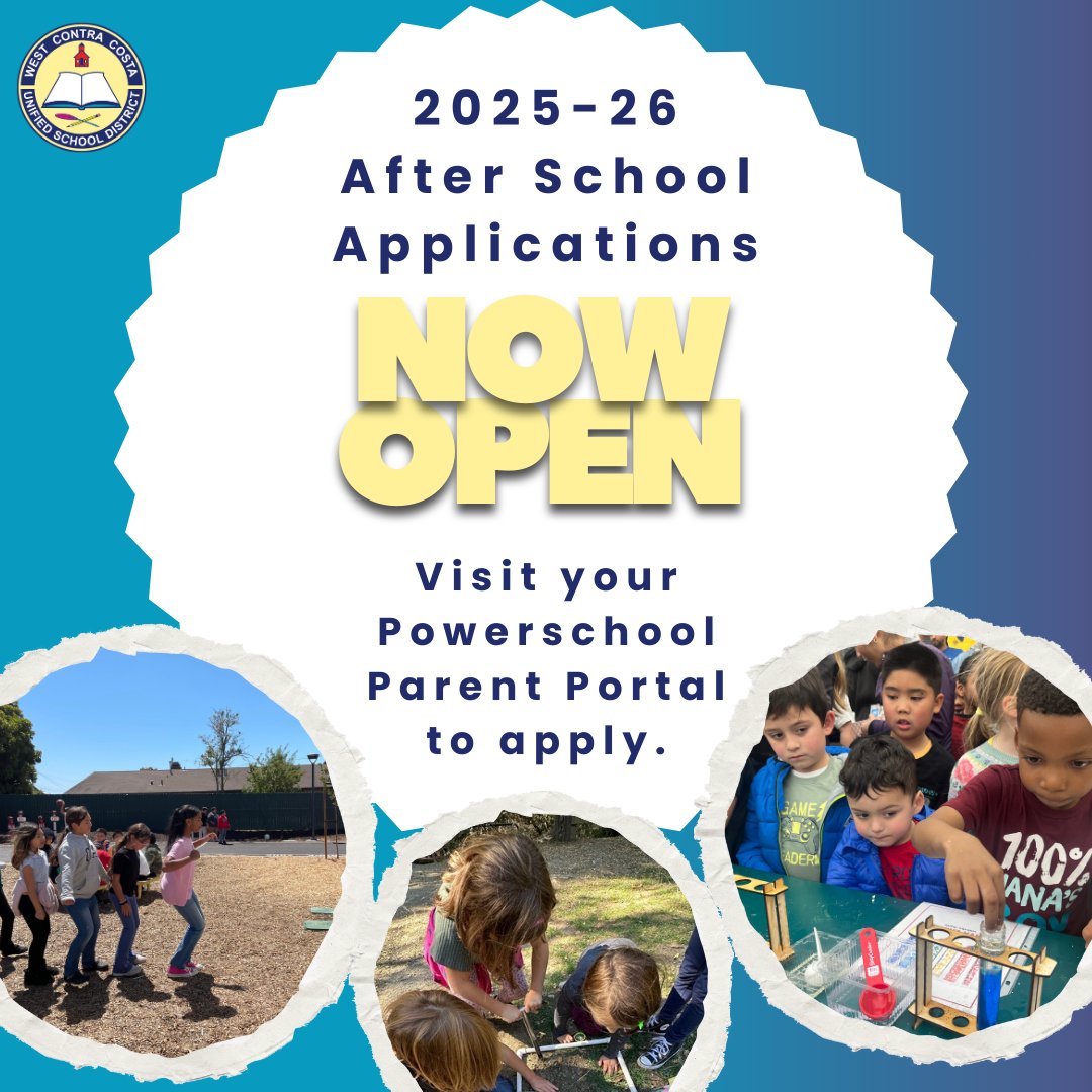 WCCUSD's tweet image. SY 25-26 After-School Program Applications Are Now Open! Apply through your PowerSchool Parent Portal to register. #WCCUSD #AfterSchoolPrograms