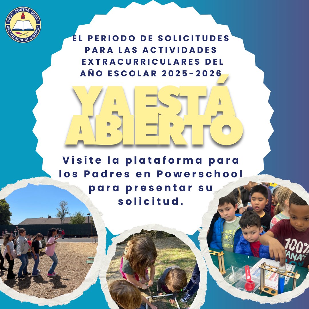 WCCUSD's tweet image. SY 25-26 After-School Program Applications Are Now Open! Apply through your PowerSchool Parent Portal to register. #WCCUSD #AfterSchoolPrograms
