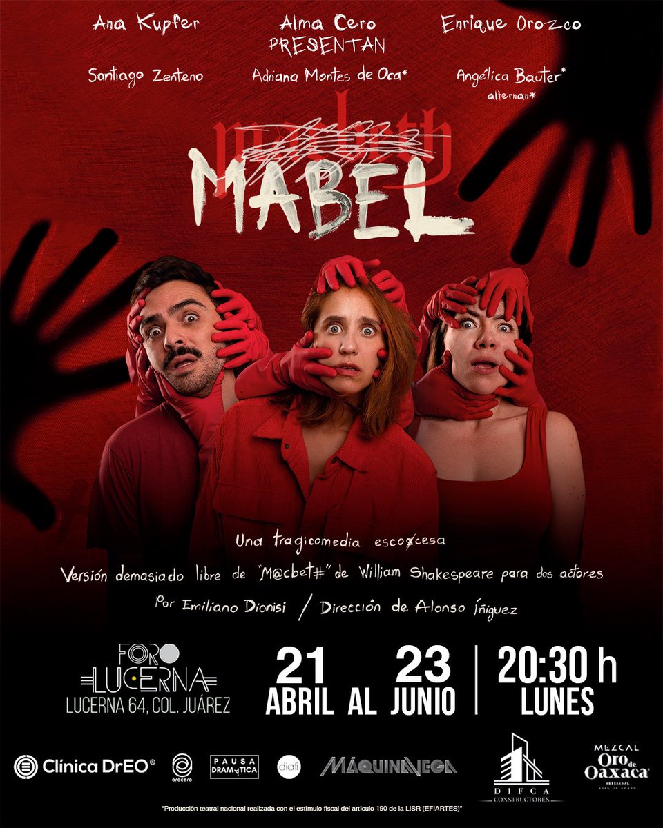 #Mabel

Dos actores, una obra, una maldición. 

¿Qué podría salir mal?

📍Foro Lucerna 📅 Lun 20:30H
🎟️ Taquilla
#CarteleraPinPoint #Teatro #VamosAlTeatro