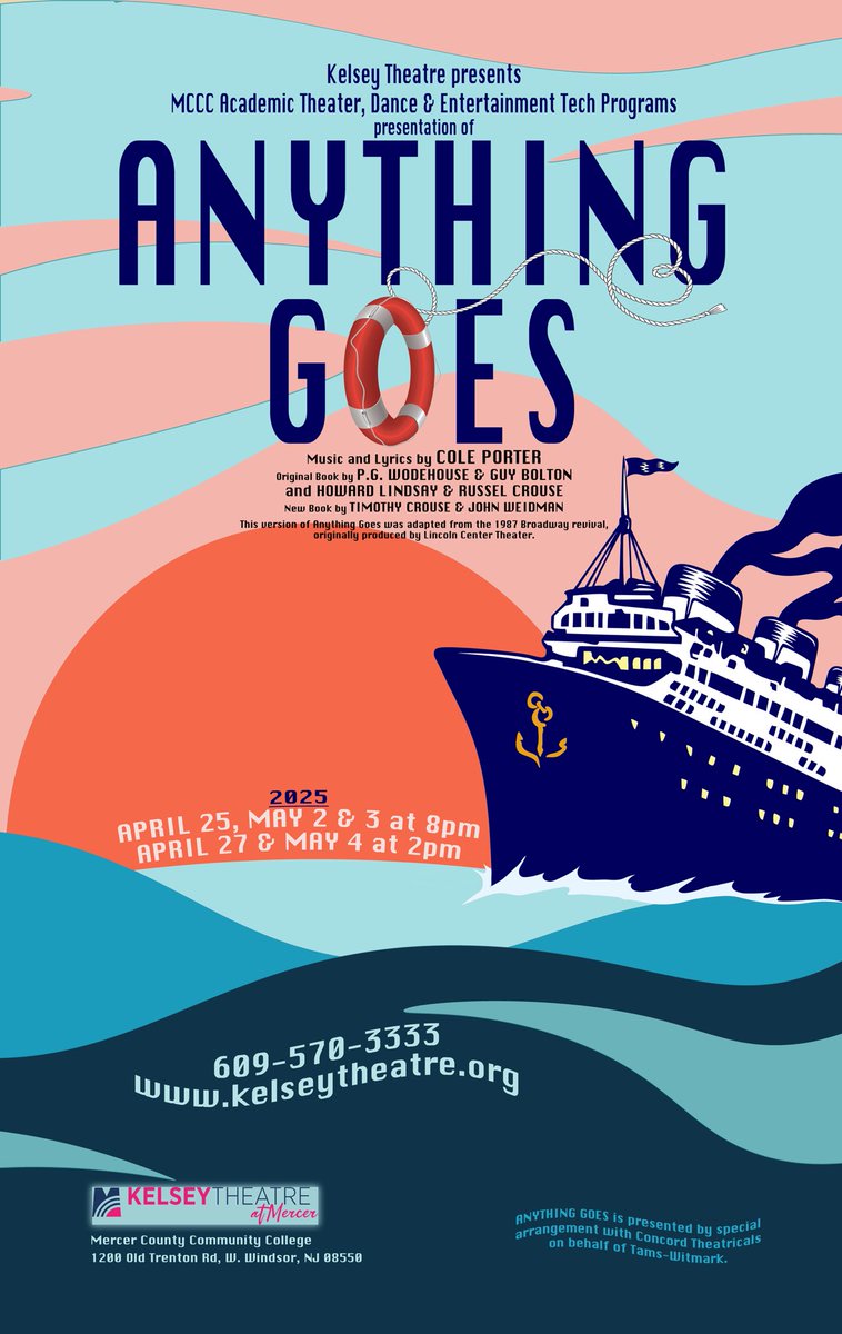 Coming up next on the Kelsey Theatre at Mercer stage!

Anything Goes | MCCC Academic Theater and Dance Programs

Fri. Apr. 25 &amp; May 2, 2025 at 8pm
Sat. May 3 at 8pm
Sun. Apr. 27 &amp; May 4 at 2pm

kelseytheatre.org for ticket links
**tickets are never over $30.