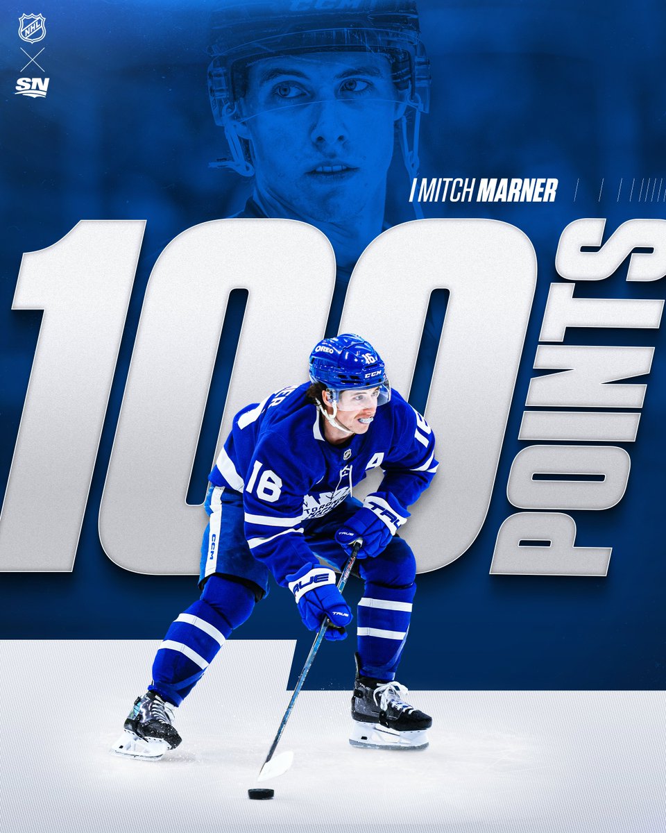 Sportsnet's tweet image. FOR THE FIRST TIME IN HIS CAREER, MITCH MARNER IS A 100-POINT PLAYER 💯
